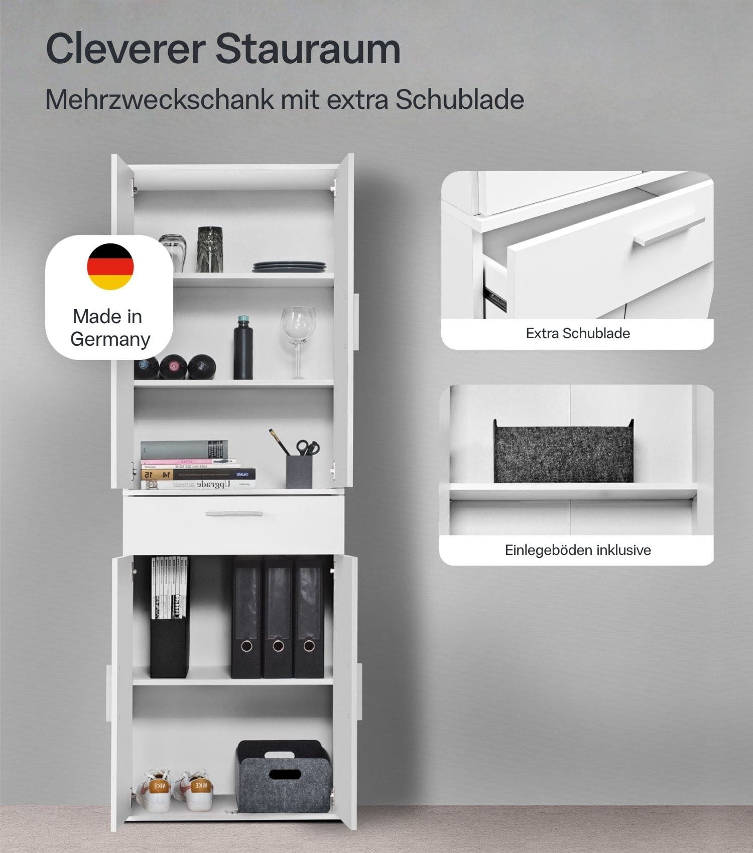 mokebo Mehrzweckschrank Der Praktische (60x180 cm, mit Schublade) Made in Germany, Büroschrank, Aktenschrank, Apothekerschrank in Weiß