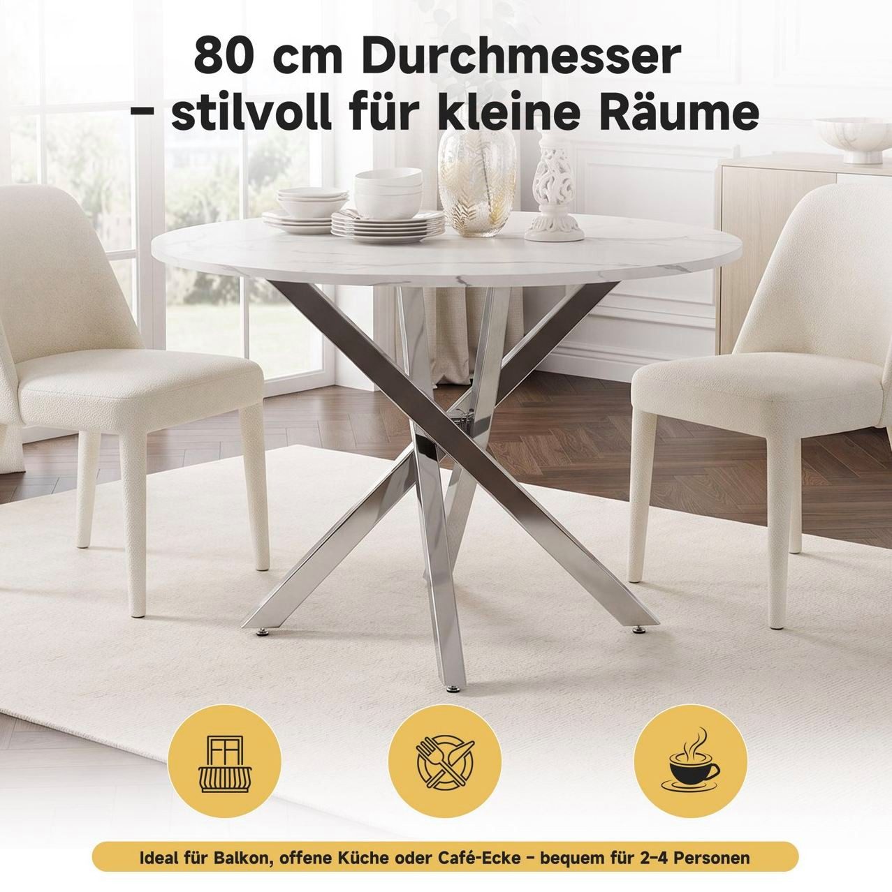 REDOM Esstisch Kompakter runder Tisch für Esszimmer & Wohnzimme (Packung, 1-St., Weiß+Silber, 80×80×75 cm, vielseitig einsetzbar), Marmoroptik, verchromte Beine, stabil
