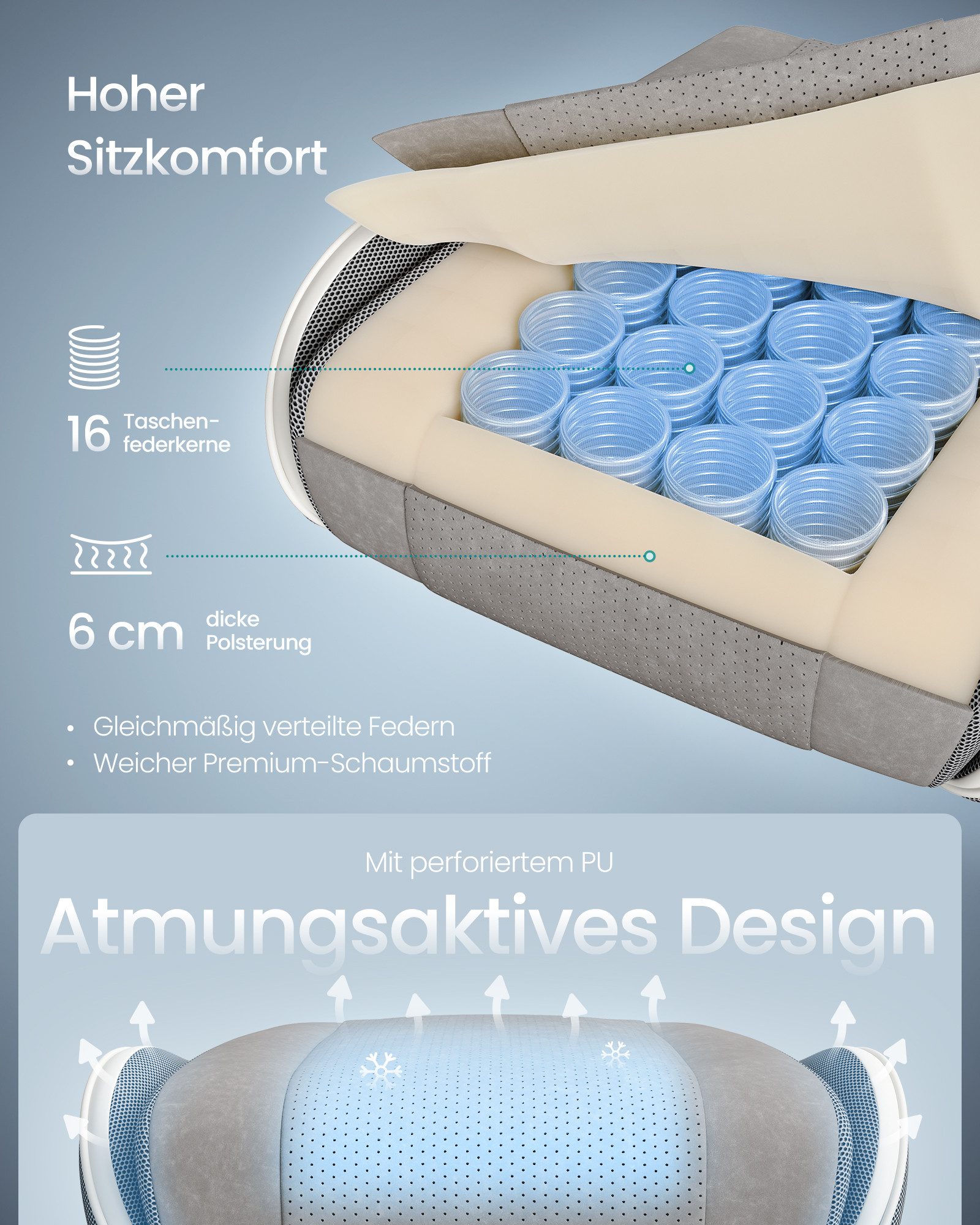 SONGMICS Bürostuhl Gaming-Stuhl, Schreibtischstuhl, ergonomischer Gaming-Sessel, Sitzkissen mit Federn, Fußstütze, Armlehnen mit Synchronmechanik