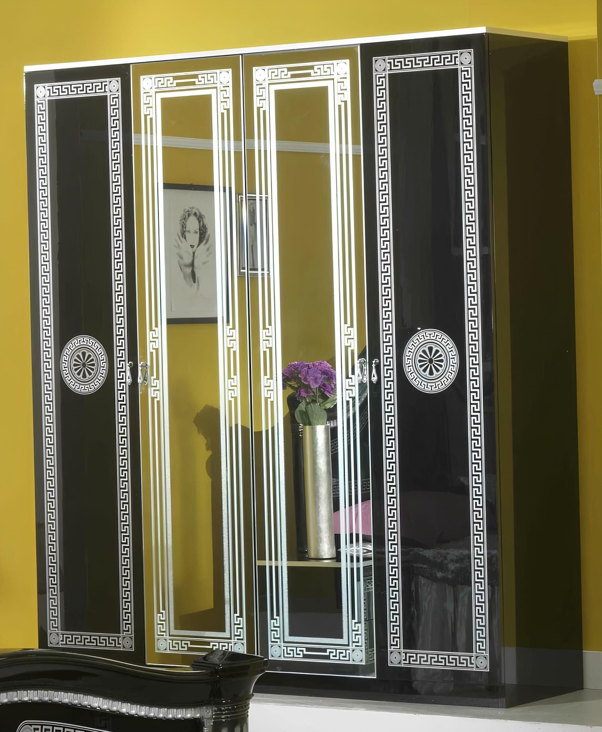 Xlmoebel Kleiderschrank Begehbarer Schrank aus Holz im Barockstil für die Garderobe (1-St., Barock Kleiderschrank 4-türig Schwarz-Silber) Made in Europa
