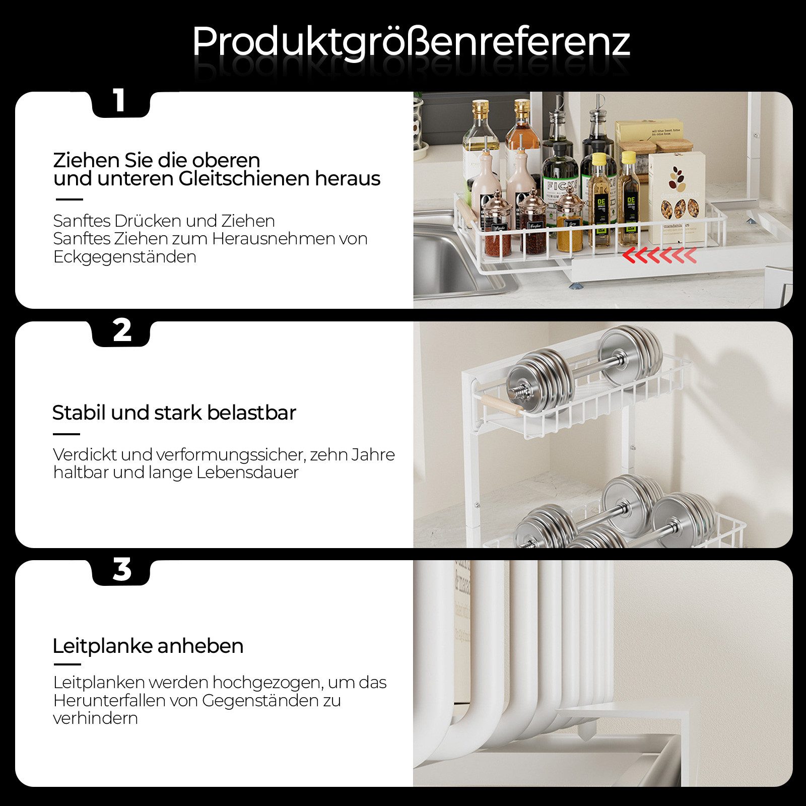 Rhein Beleuchtung Küchenorganizer-Set L-Design Küchenunterschrank Organizer Regal Weiß, 2-stufig, (Set, 1-tlg., Küchen Organizer & Küchenregal für Bad/Küche – kompakt & robust), Ausziehbarer Schrank Organizer – ohne Bohren & flexibel verstellbar