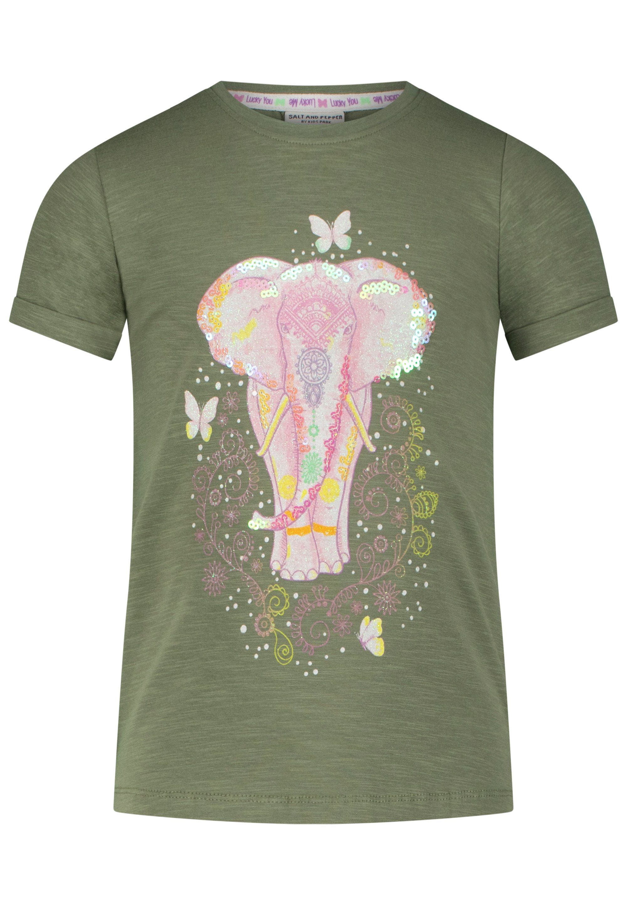 mit (2-tlg) Bird detaillierten T-Shirt SALT Elefant Druckmotiven AND PEPPER weiß-grün