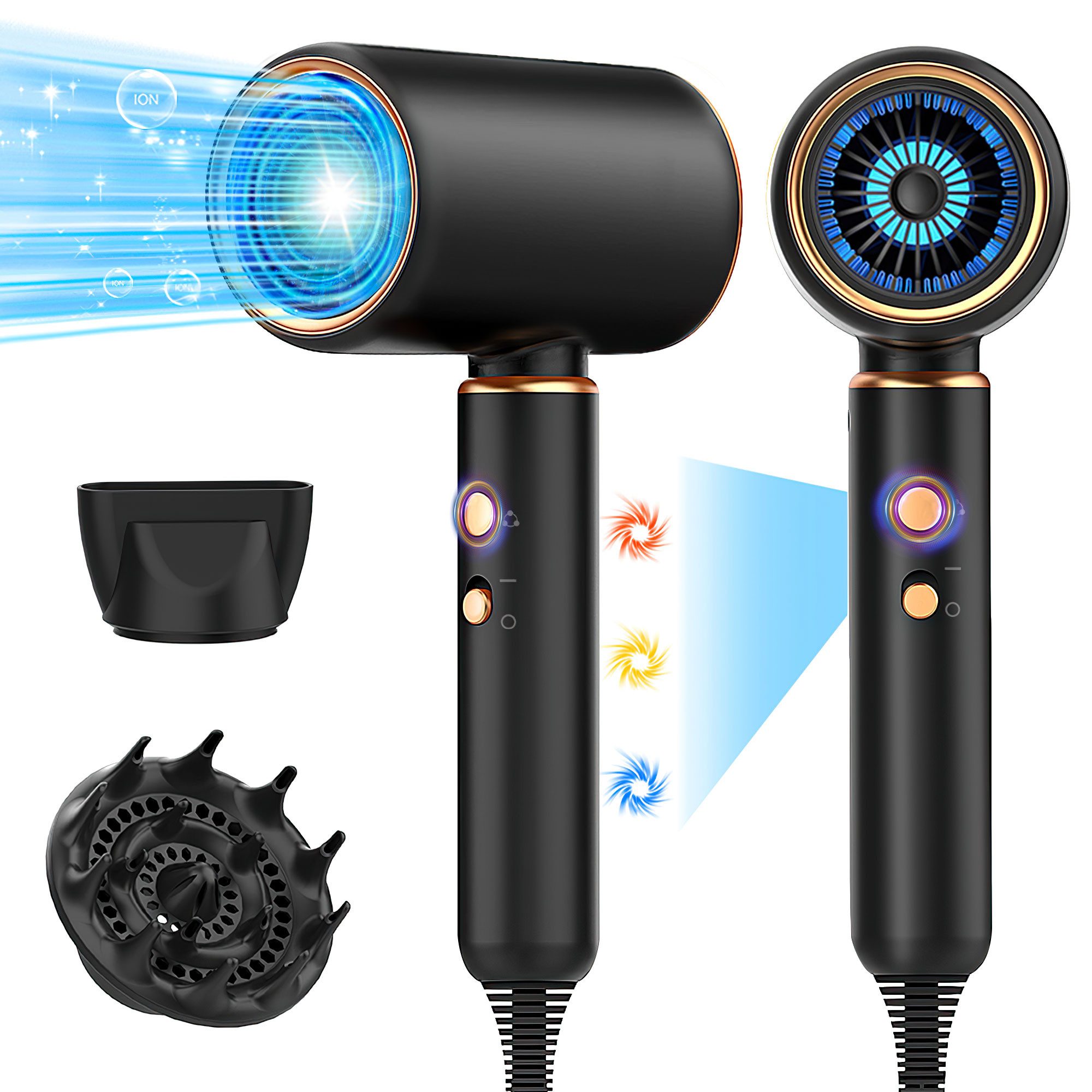 ibettertec Haartrockner Föhn,Haartrockner Ionen mit Diffusor-Konzentrator-Düse, 2400W, 2400 W, Turbo-Ultra-Leise-Motor, föhn 4-in-1, Mit Heiß- und Kaltzyklus, 4, Heiz&2 Geschwindigkeitsstufen, mit Schnelle Aufheizung