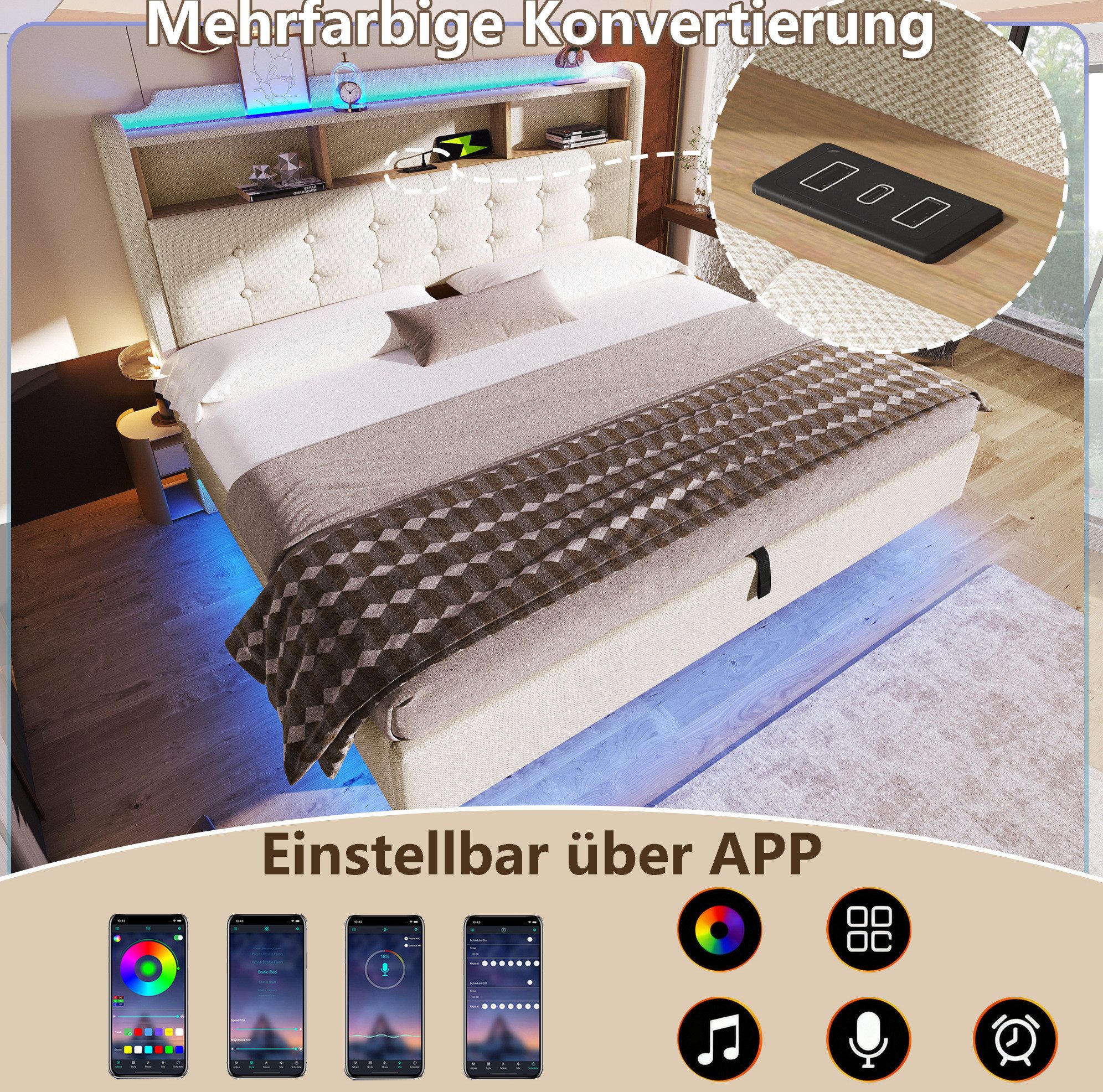 MODFU Polsterbett schwebendes Design, Leinenstoff, USB- & Typ-C-Anschlüsse (180x200 cm, Stauraumbett mit LED-Lichtleiste, großem Stauraum und integrierten Ablagefächern, 1-tlg., Funktionsbett Doppelbett), ohne Matratze