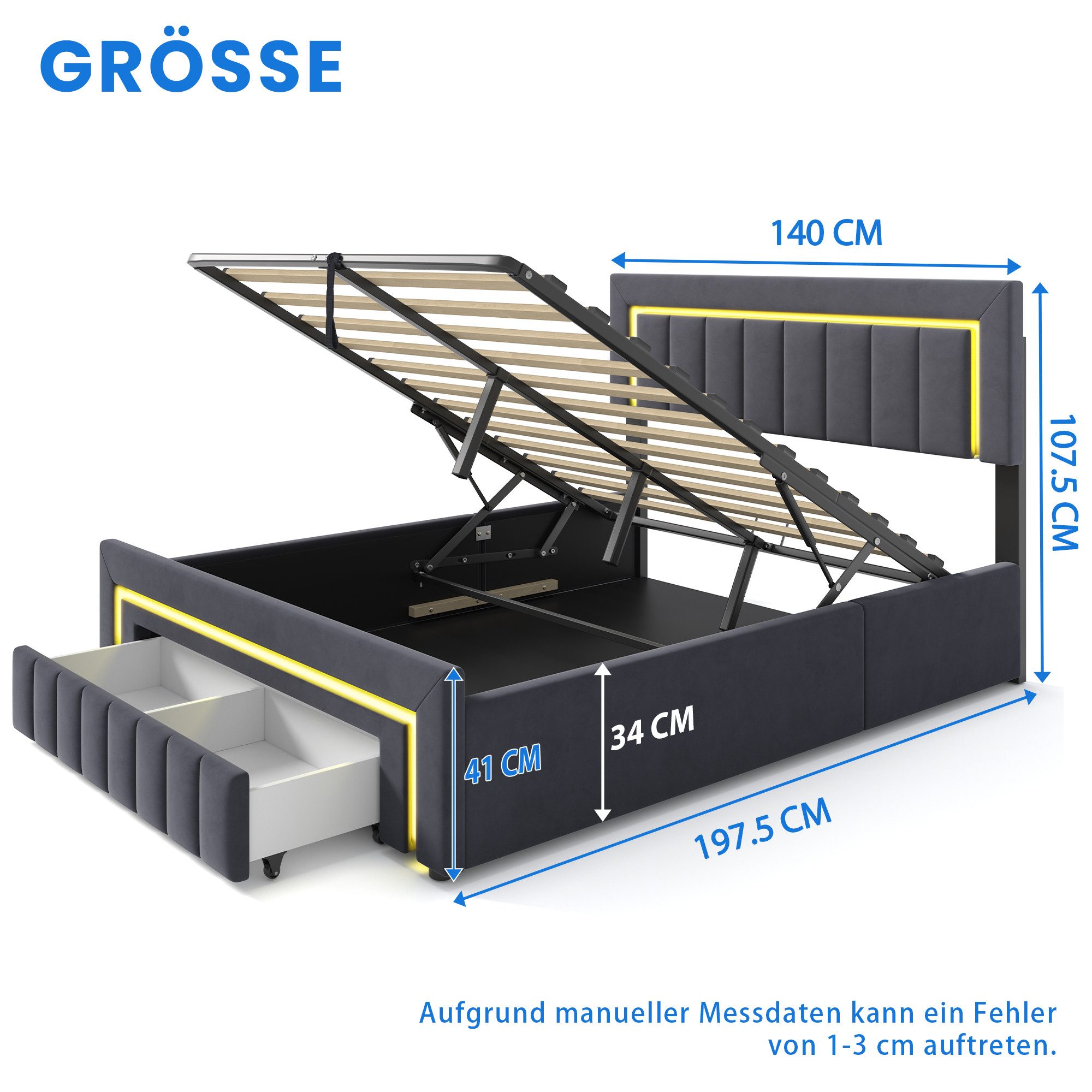 STILVORA Polsterbett 140×190 mit bettkasten,Funktionbett Boxspringbett mit LED & Schubladen (verstärkter Metallrahmen, stabiler Lattenrost, Gepolstertes Kopftei – Bild 4 von 5