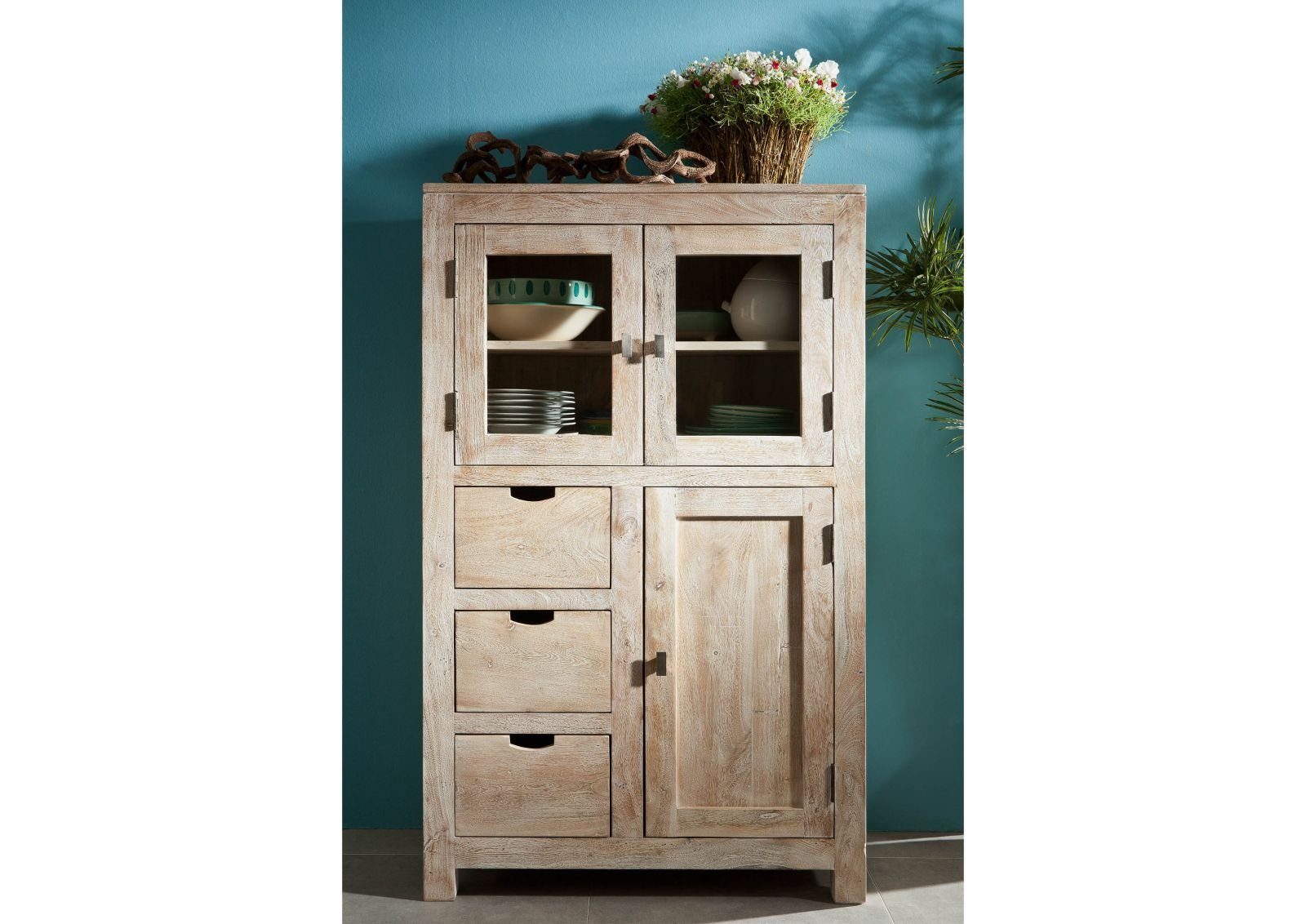 Massivmoebel24 Standvitrine NATURE WHITE (Vitrine Akazie 90x45x148 white stone getüncht  NATURE WHITE #62) Vitrine Akazie 90x45x148 white stone getüncht  NATURE WHITE #62