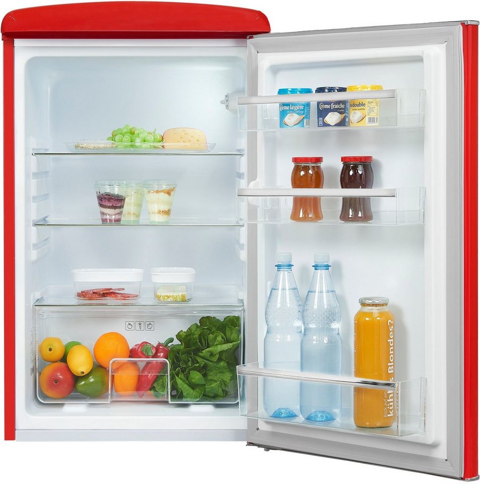 exquisit Kühlschrank RKS120-V-H-160F rot, 89,5 cm hoch, 55 cm breit, 122 L  Volumen, Türablagen - einfaches Verstauen verschiedener Lebensmittel