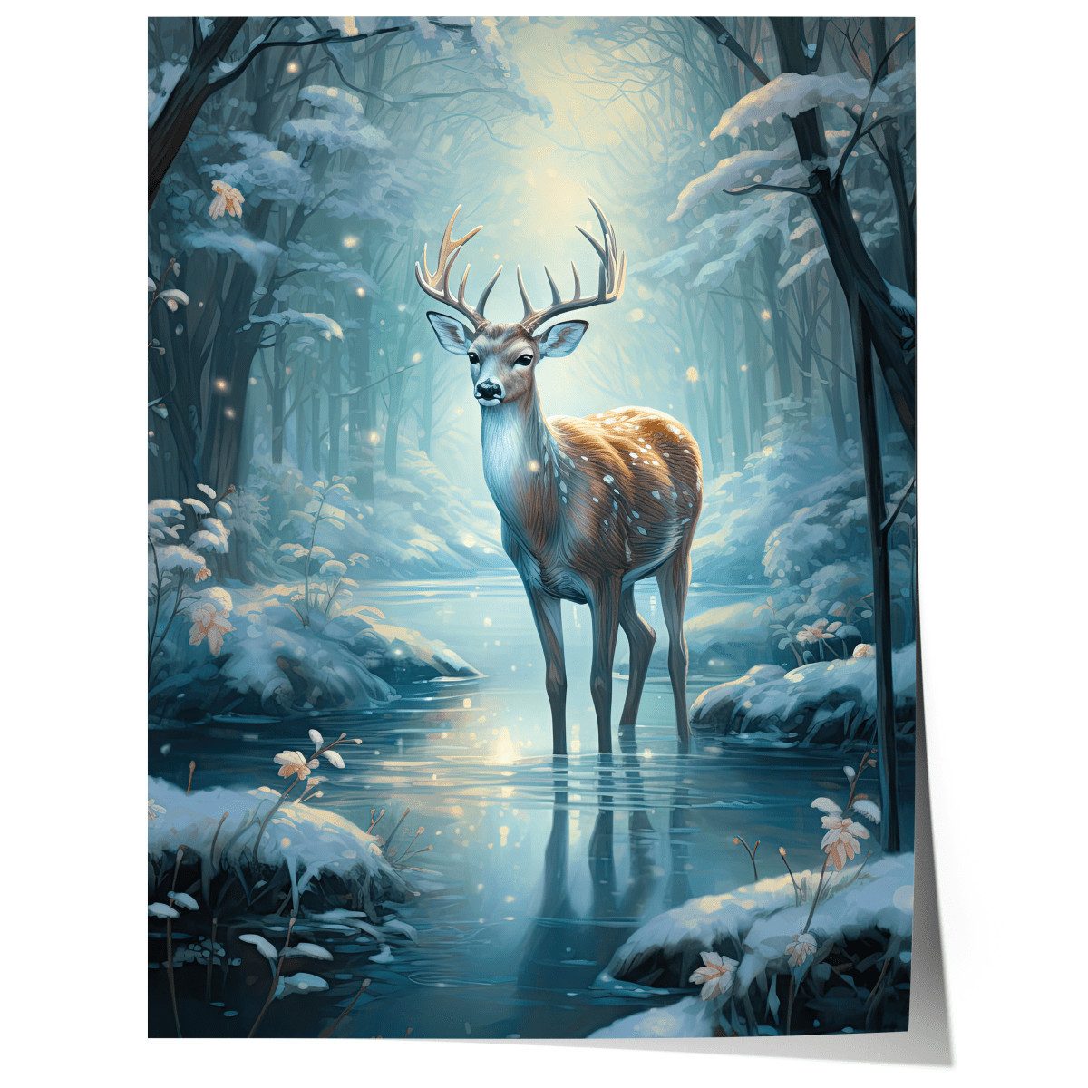 JUSTGOODMOOD Poster Hirsch Winter Geschenkidee für Weihnachtsliebhaber Magischer Wald Schn, (1 St)
