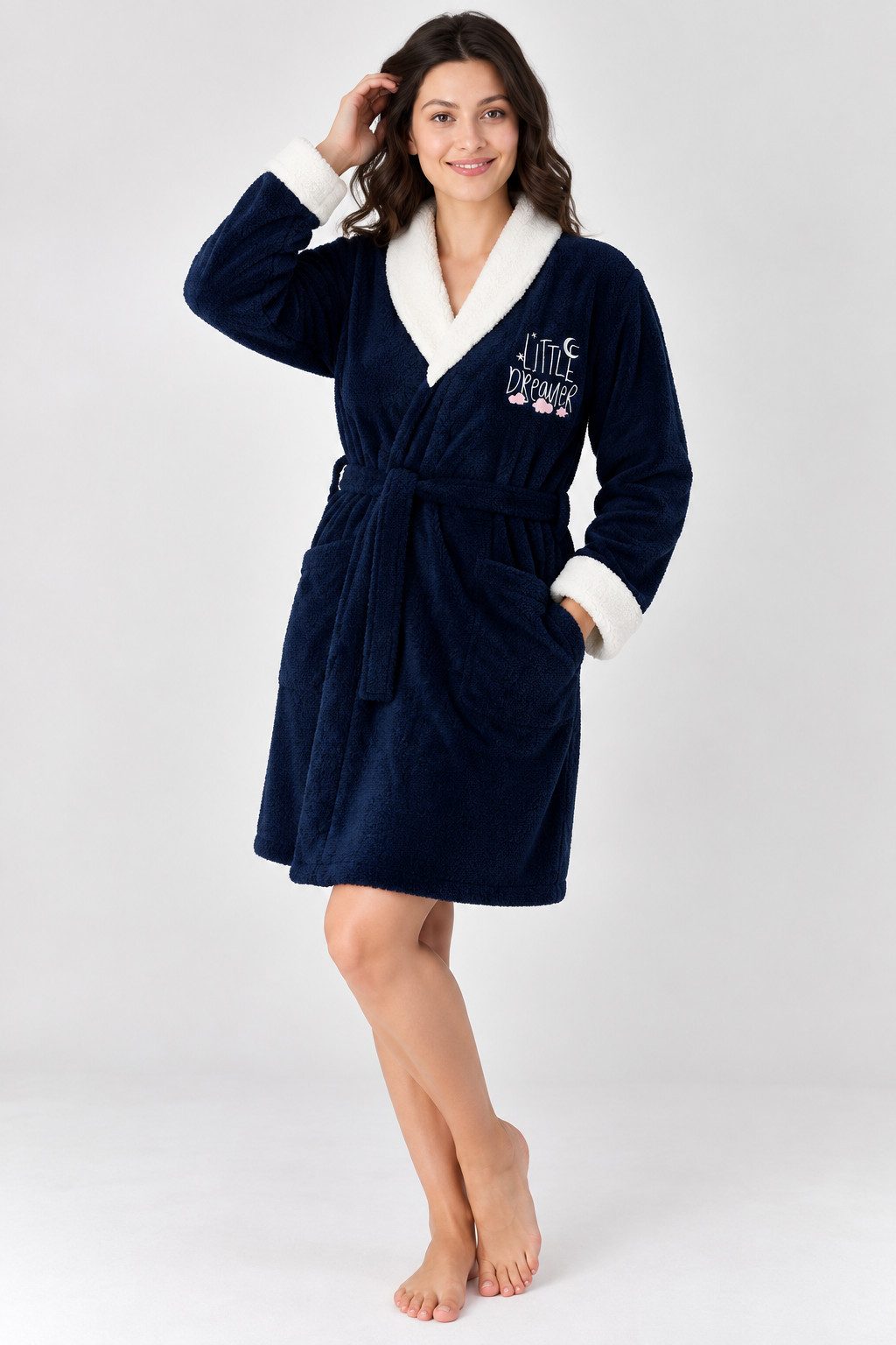 fashionshowcase Bademantel Damen Wellsoft flauschig warm mit Gürtel Schalkragen Taschen kurz, kurz, knielang, Wellsoft, Fleece, aufgesetzte Taschen, Bindegürtel, Bindegürtel, kuschelig weich, wärmend, gemütliches Tragegefühl