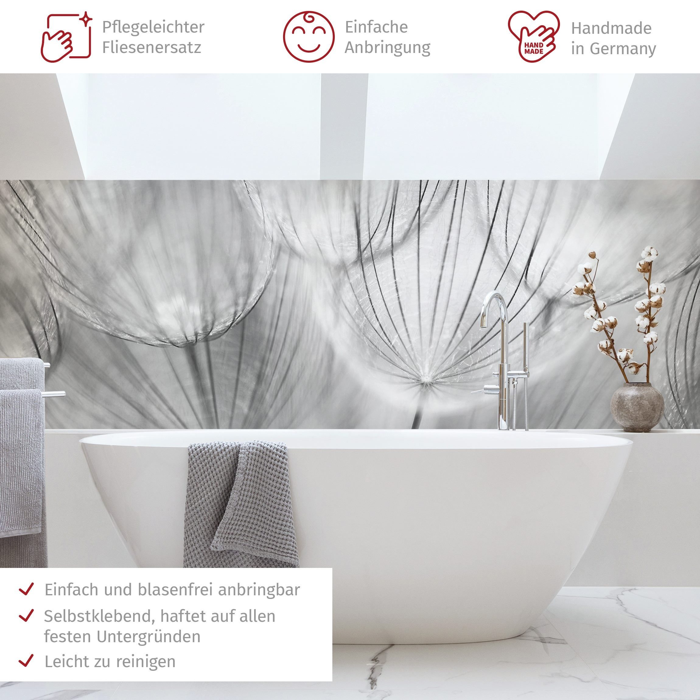 Bilderdepot24 Badrückwand schwarz weiss fugenlose Wandverkleidung Bad mit Motiv, (Hartfolie matt » Selbstklebend SMART 0,35 mm), wasserfestes Wandpaneel Pusteblumen