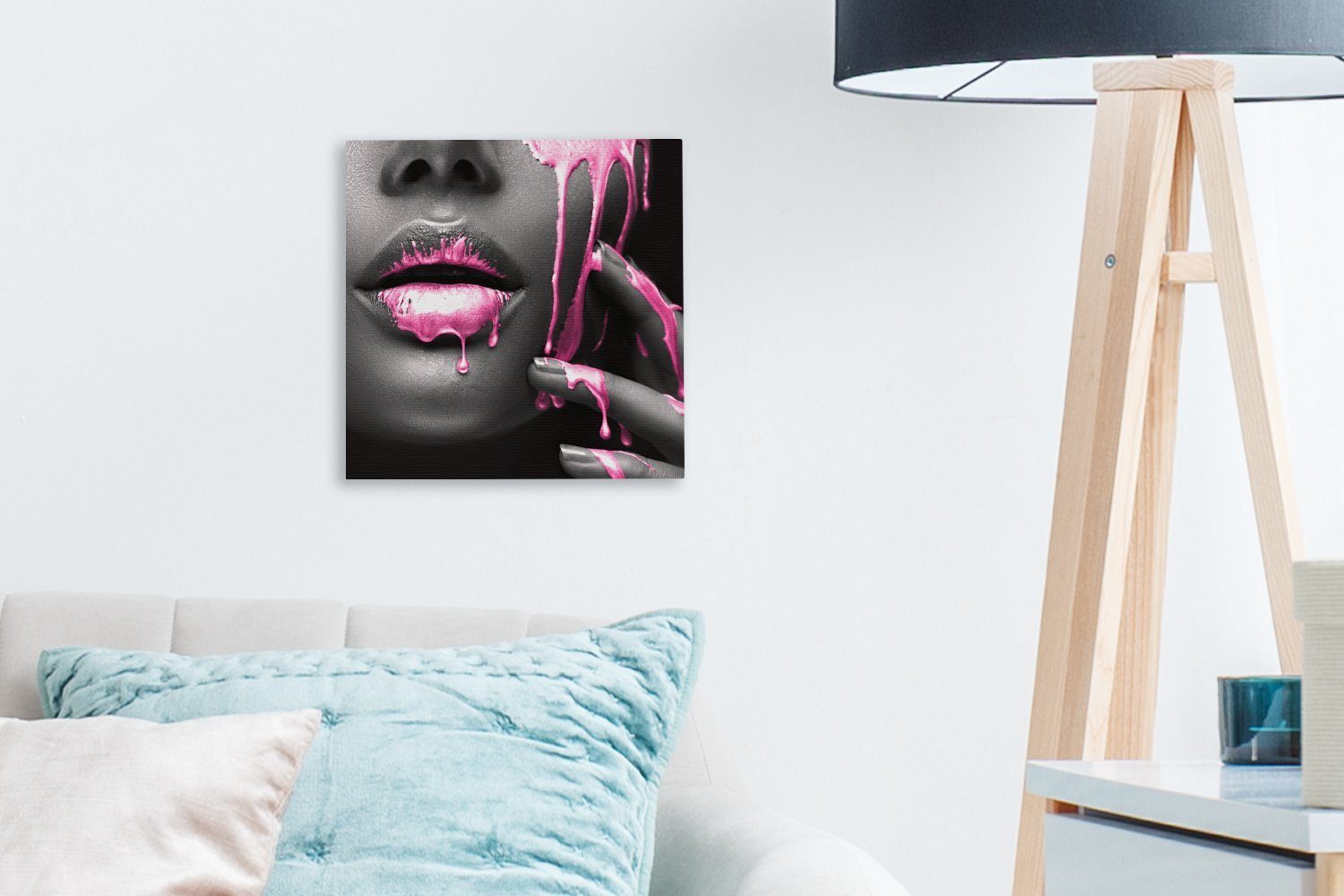 OneMillionCanvasses® Leinwandbild Lippen - Rosa - Schwarz, Fotodruck (1 St), Wandbild, Deko Schlafzimmer Wohnzimmer Flur 20x20 cm