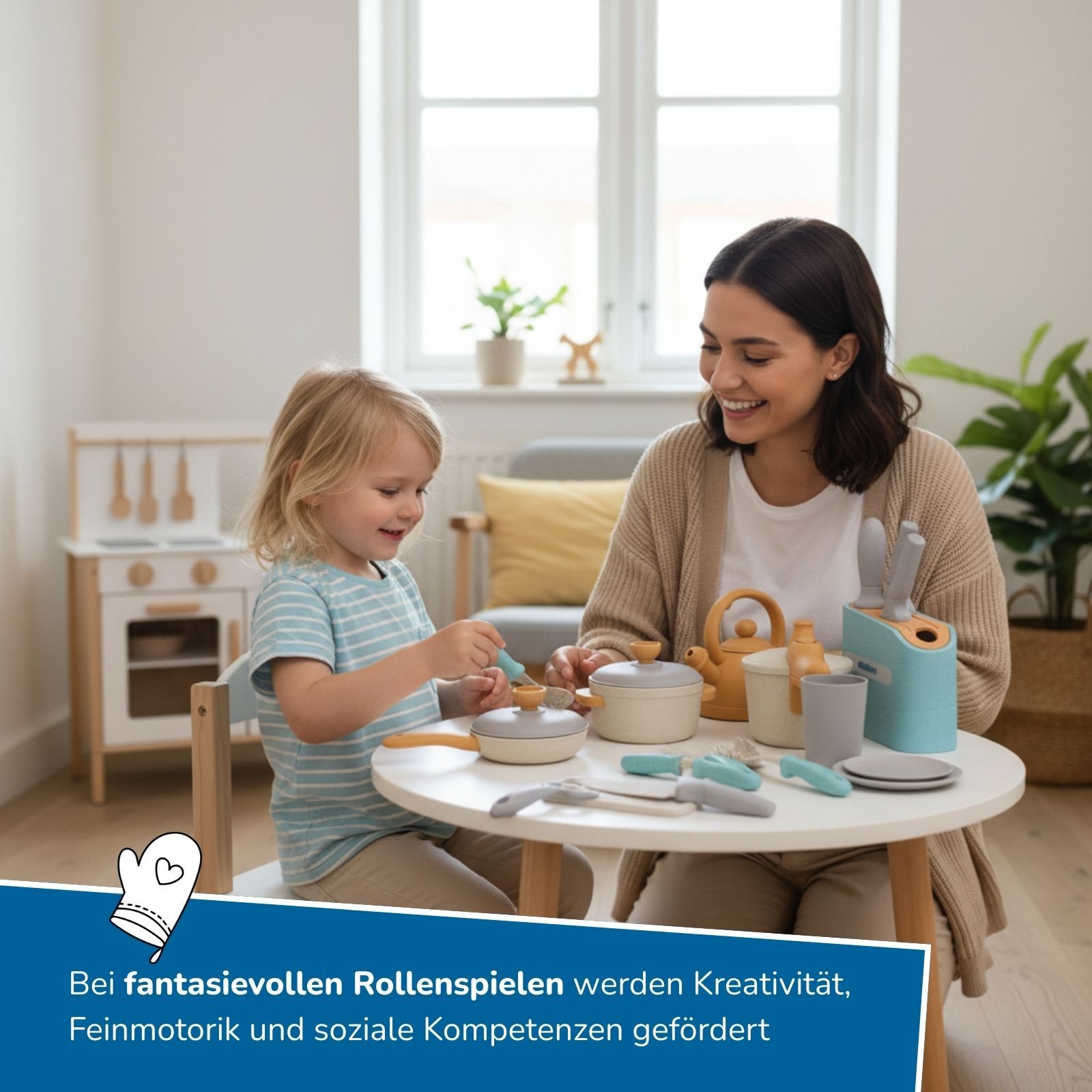 alldoro Spiel-Kochgeschirr Koch- und Geschirrset mit Messerblock für die Kinderküche, 21-teilig, (21-tlg), Küchenspielzeug-Set für Kinder, Messerblock, Töpfe, Pfannen & Geschirr