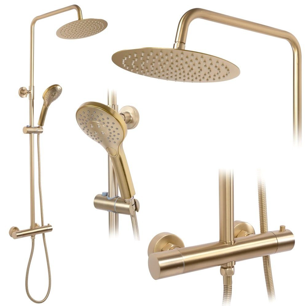 wohnwerk.idee Duschsystem Duschgarnitur mit Thermostat Gold Matt Gebürstet, 2 Strahlart(en)