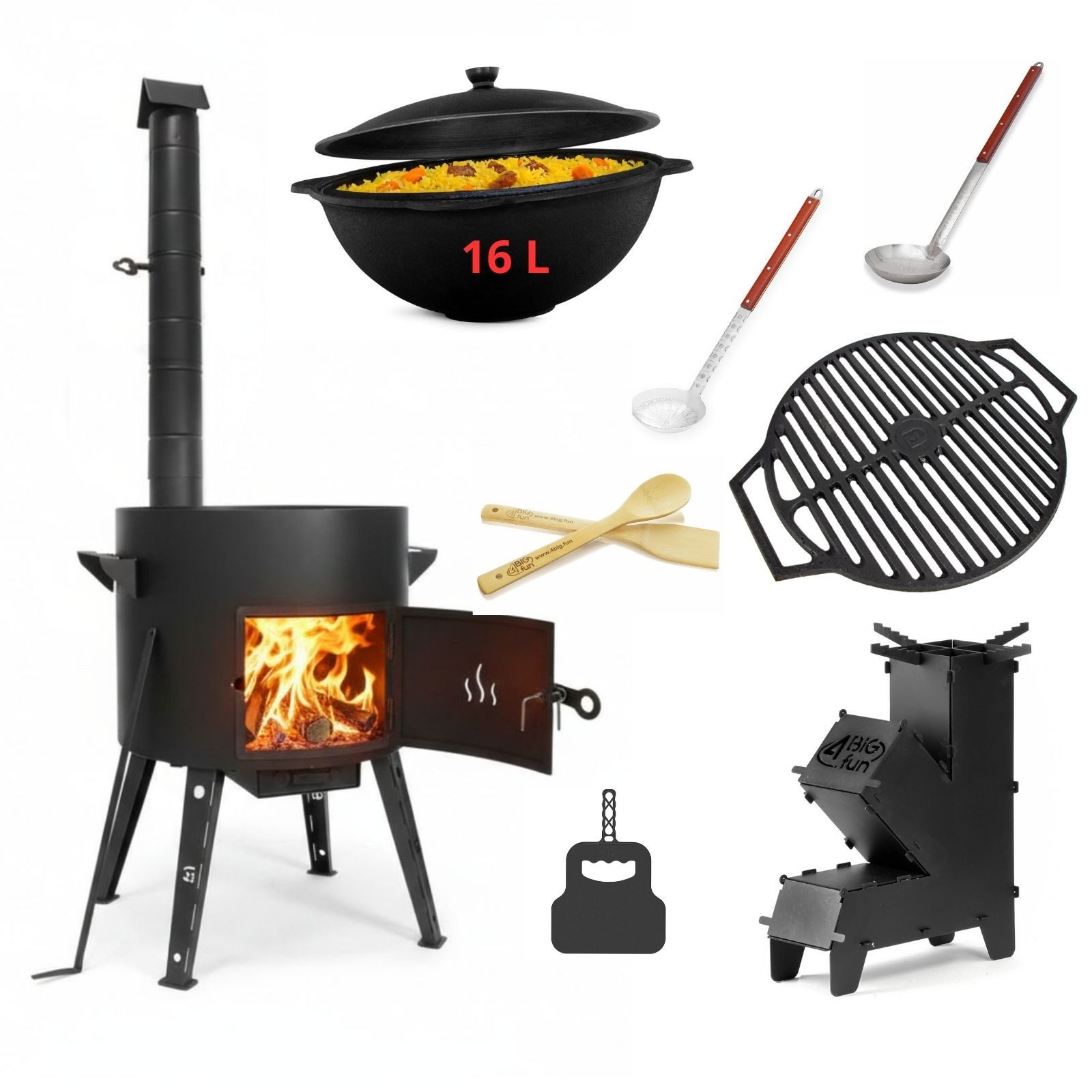 BIG-PAN Feuerstelle Ø44 cm Uchag Schornstein Raketenofen 16L Kasan Grillrost Zubehör
