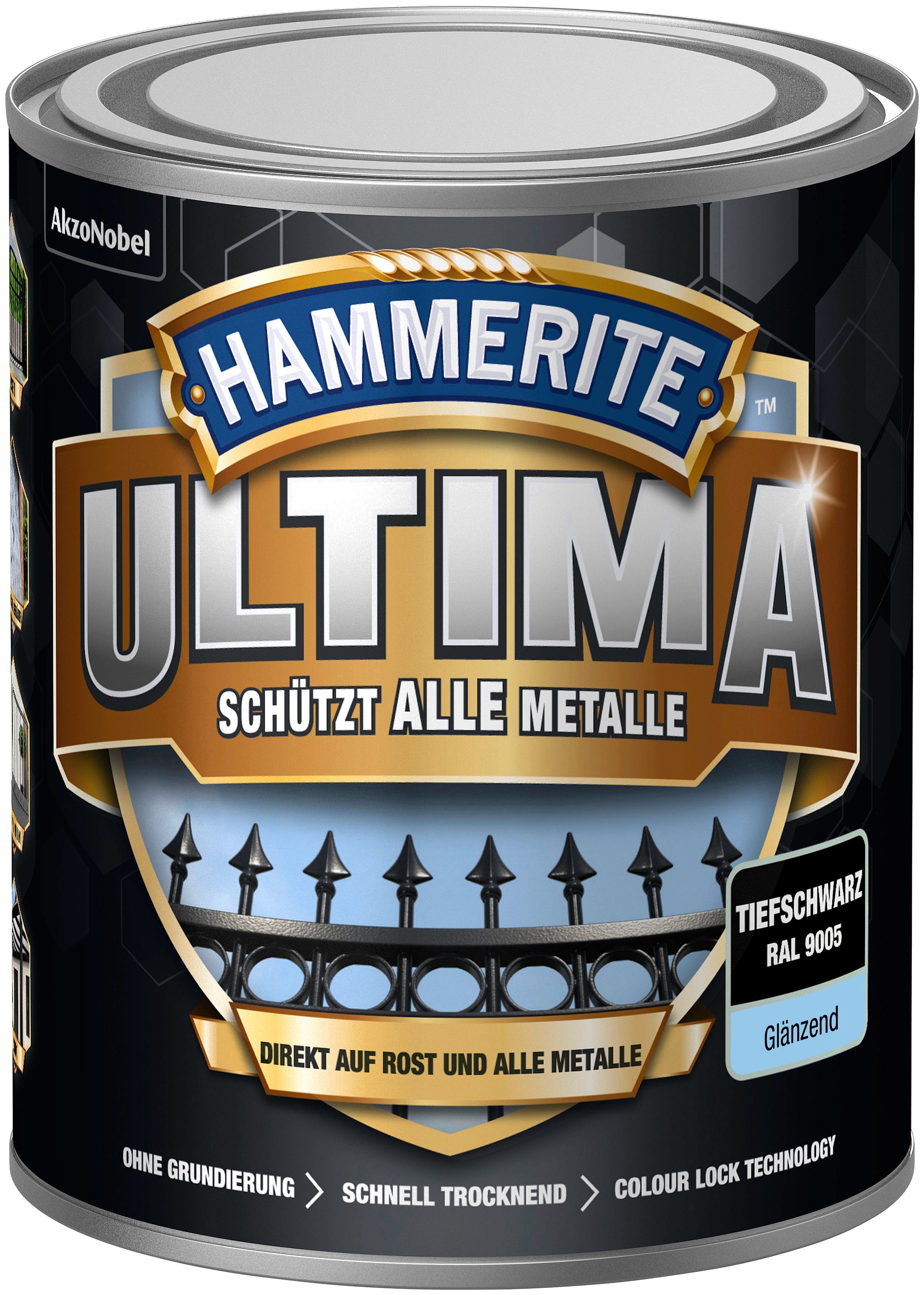 Hammerite  Metallschutzlack ULTIMA schützt alle Metalle, 3in1, tiefschwarz RAL 9005, glänzend