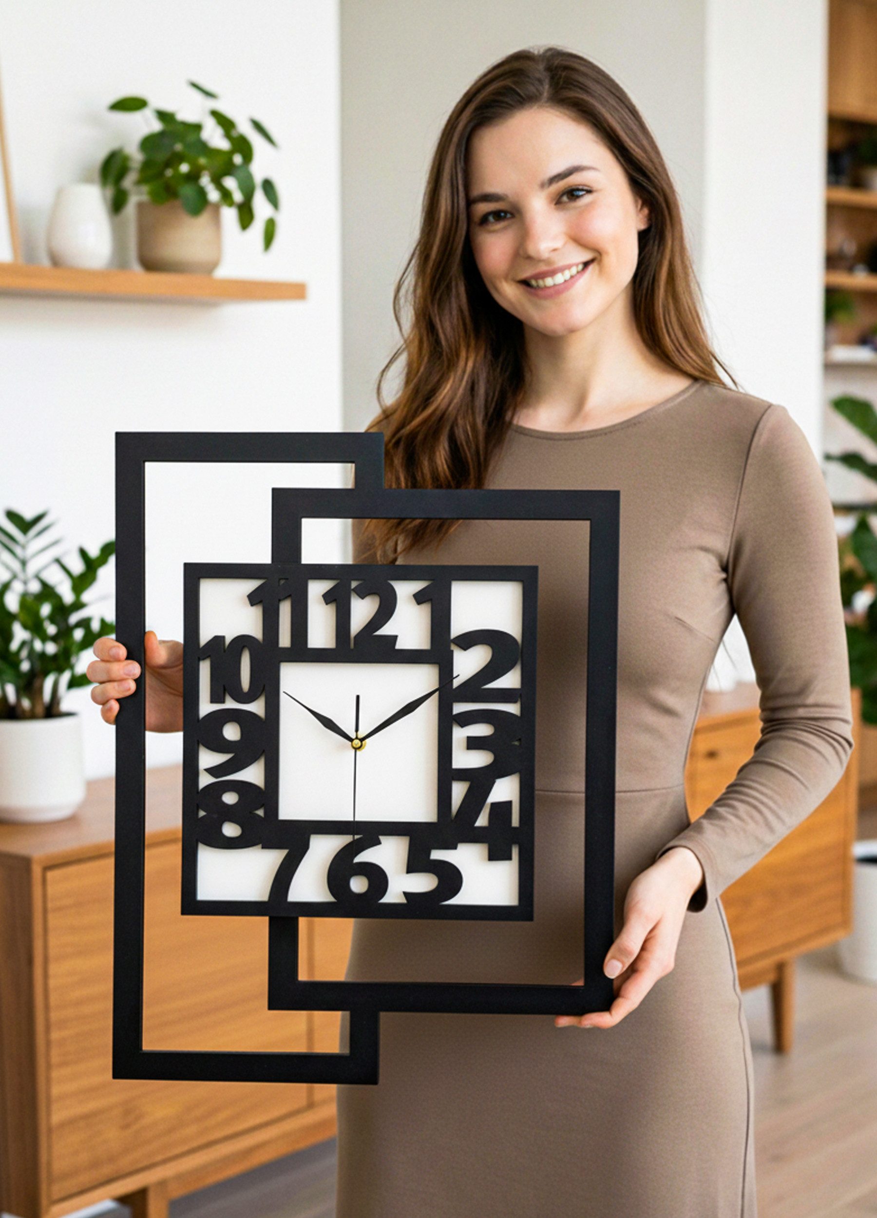 ORNAMENTI Wanduhr Große handgefertigte,moderne aus Holz, Hingucker,44 x 56 cm (Rechteckig vertikal, ohne Tickgeräusche für Wohnzimmer lesbare Ziffern) – Bild 4 von 5