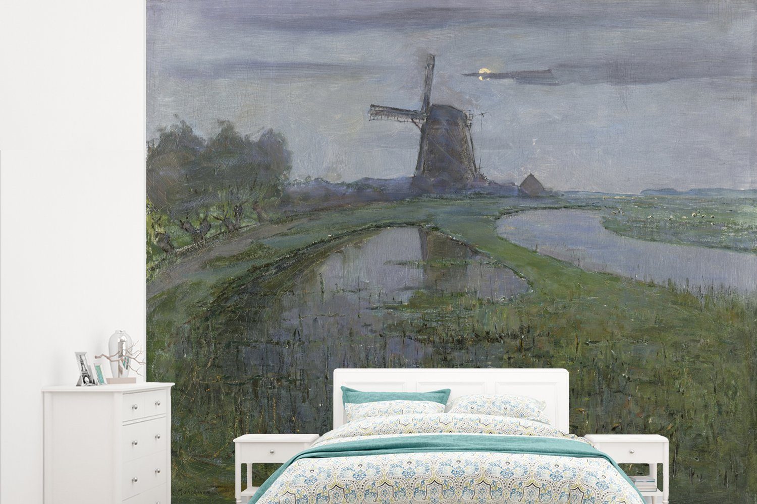MuchoWow Fototapete Windmühle auf der Gein im Mondlicht - Piet Mondrian, Matt, bedruckt, (5 St), Vliestapete für Wohnzimmer Schlafzimmer Küche, Fototapete