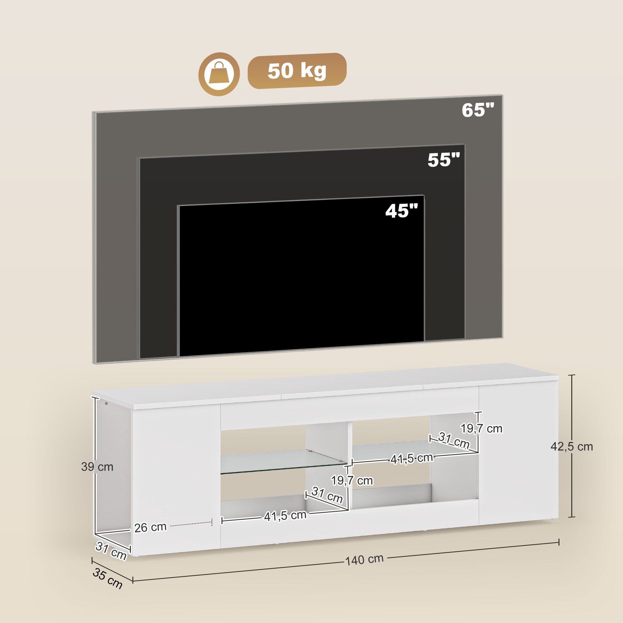 HOMCOM TV-Board Fernseh-Kommode, 6 Fächer, 2 Glasregale (TV Lowboard, 1 St., Fernsehschrank), für Wohnzimmer, Schlafzimmer, Weiß