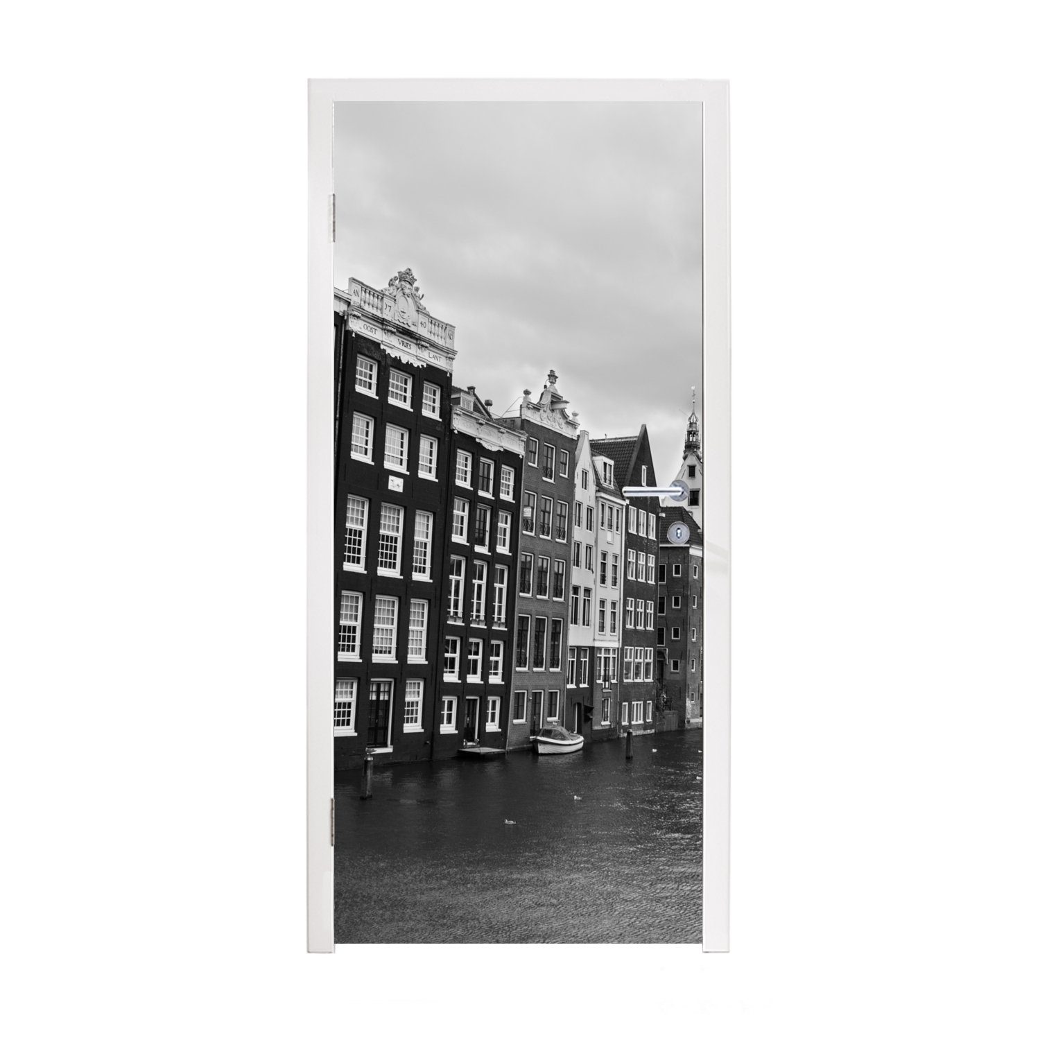 MuchoWow Türtapete Amsterdam Grachten Schwarz-Weiß-Fotodruck, Matt, bedruckt, (1 St), Fototapete für Tür, Türaufkleber, 75x205 cm