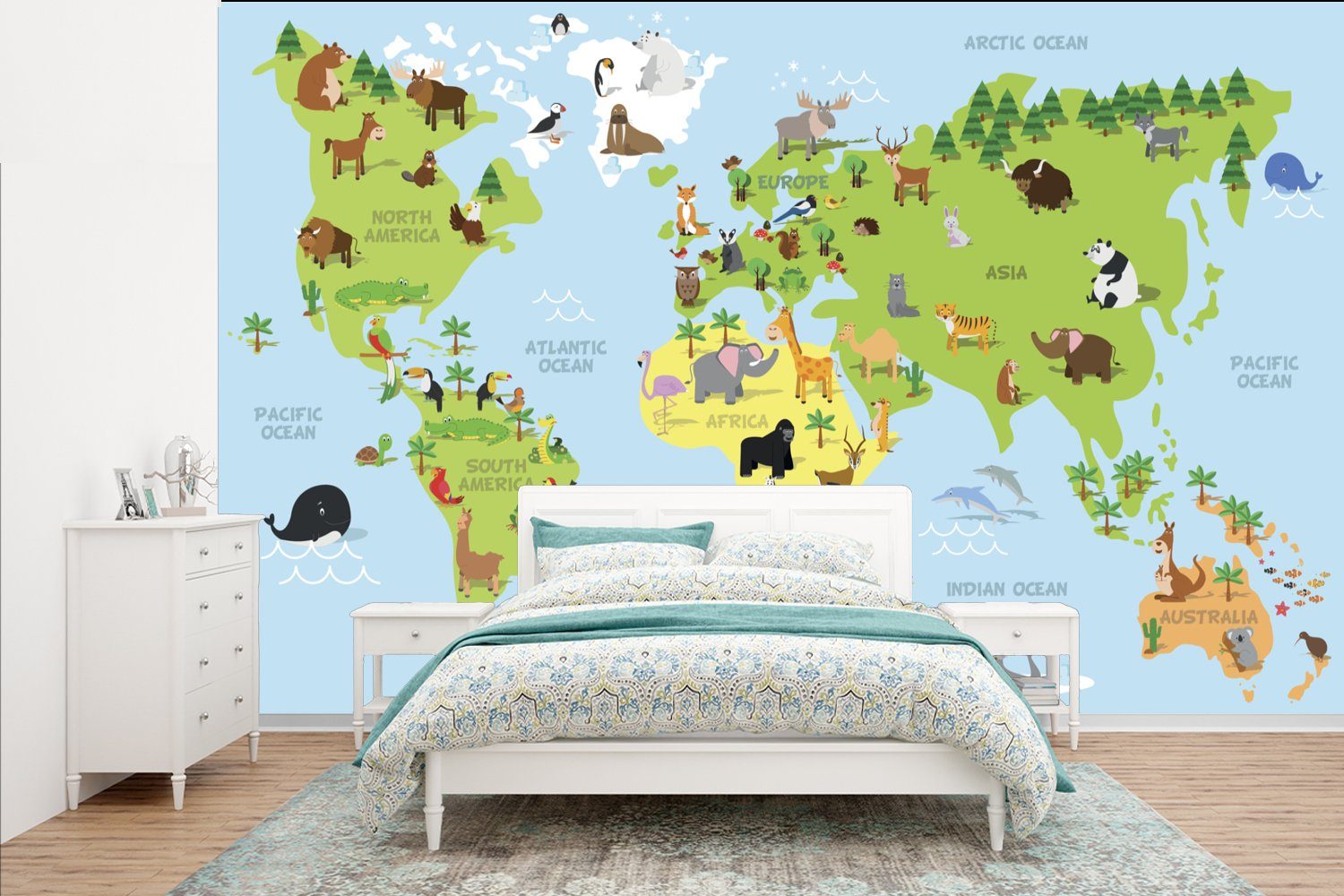 MuchoWow Fototapete Weltkarte - Kinder - Tiere - Blau - Grün, Matt, bedruckt, (7 St), Vinyl Tapete für Wohnzimmer oder Schlafzimmer, Wandtapete