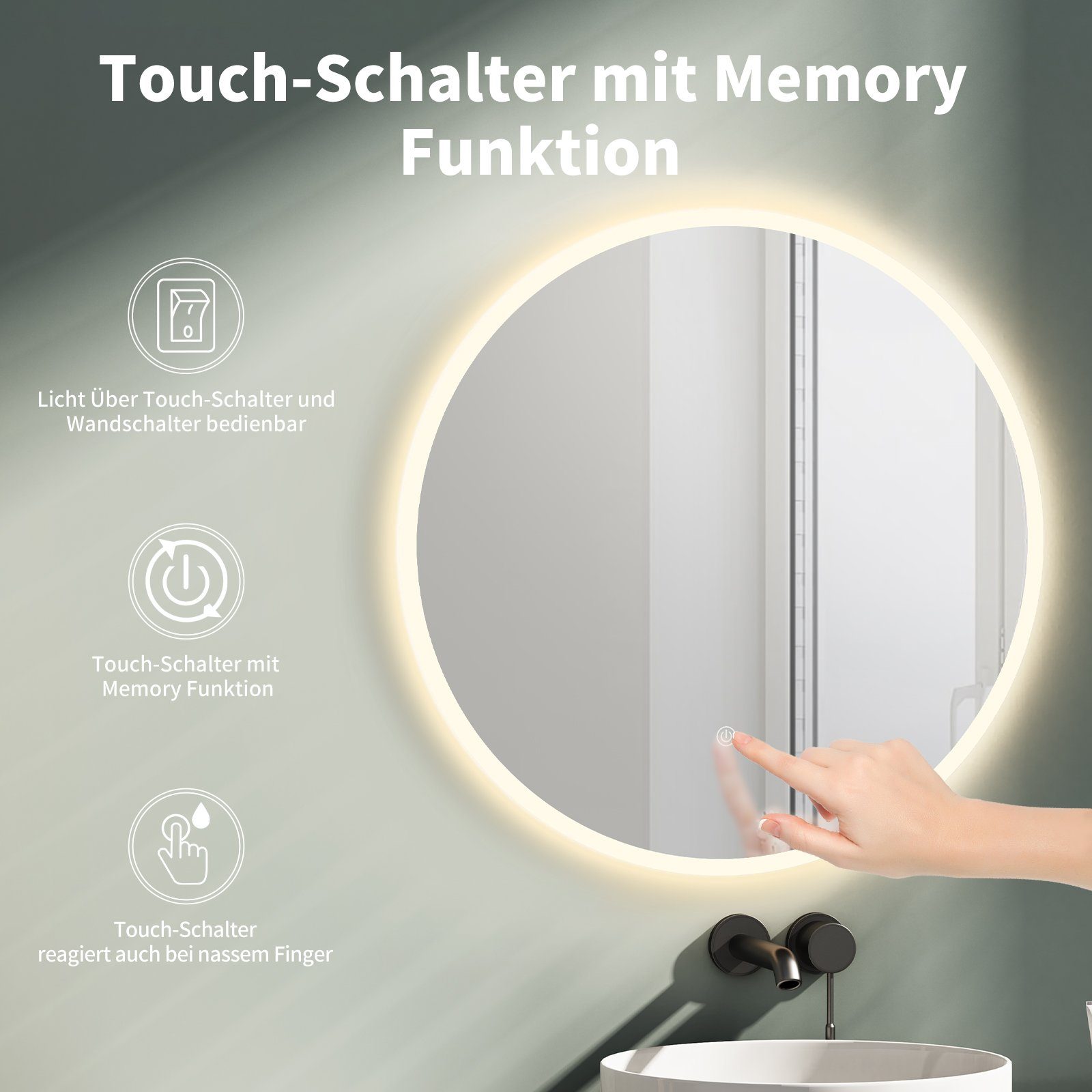 HOKO Badspiegel Schwarz mit beleuchtung, led spiegel rund 60cm / 80cm mit Licht (Warmweiß - Kaltweiß - Neutral. Licht mit Touch Schalter und mit Wandschalter einschaltbar. Memory-Funktion.IP44, 5mm HD Glass, ULM), LED Wandspiegel, Badezimmerspiegel, Rund Spiegel