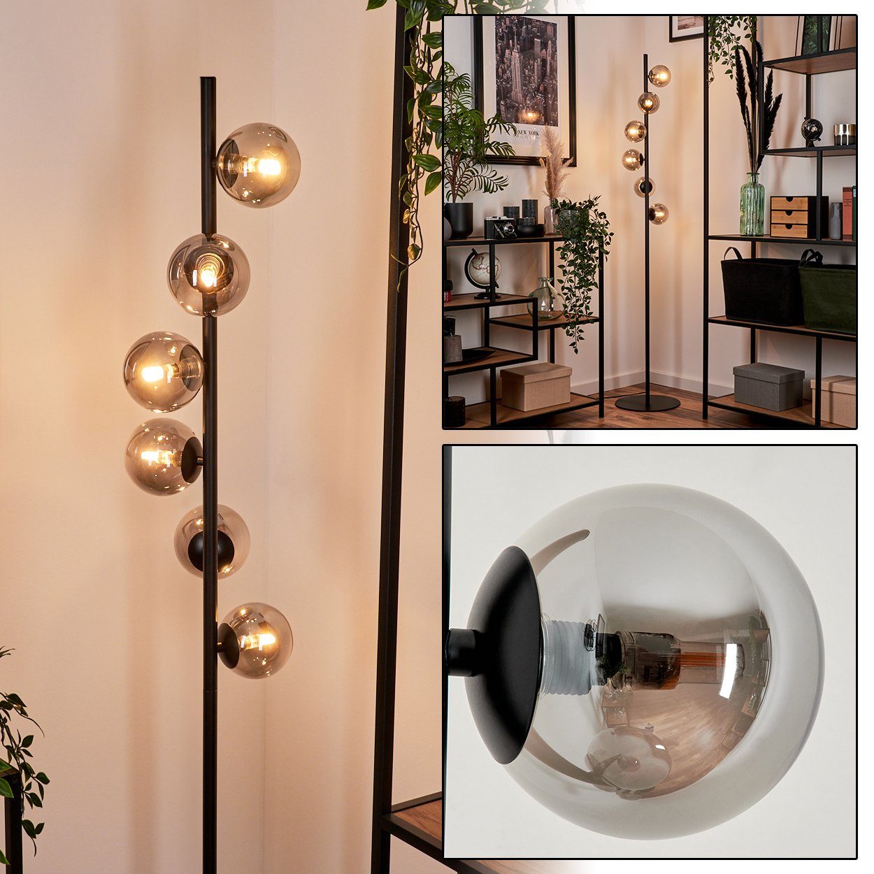 hofstein Stehlampe Stehlampe aus Metall/Glas in Schwarz/Rauchfarben, ohne Leuchtmittel, Standlampe im Retro-Design aus Glas, 6 x G9, ohne Leuchtmittel
