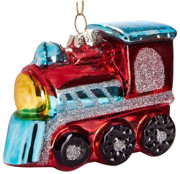 BRUBAKER Christbaumschmuck Mundgeblasene Weihnachtskugel Rote Lokomotive, schöner Weihnachtsanhänger aus Glas, handbemalt - ca. 9 cm