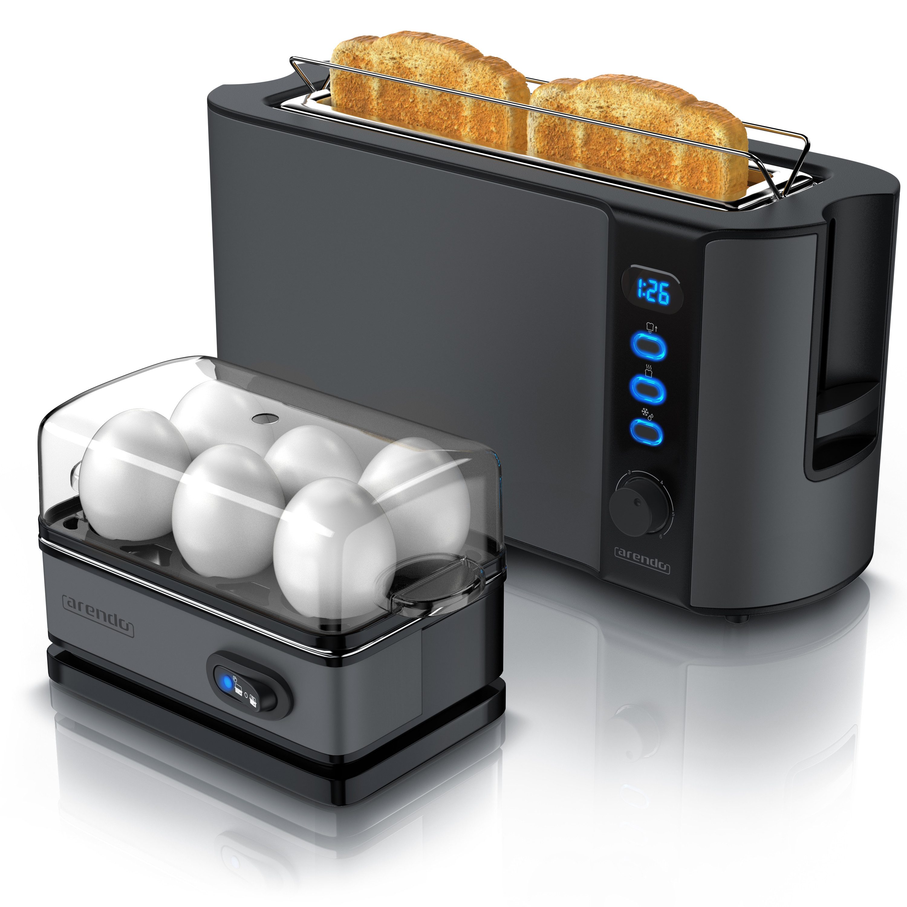 Arendo Frühstücks-Set 2-Scheiben Toaster und 6-fach Eierkocher, Edelstahl, Cool Grey (2-tlg), BPA-frei, GS-geprüfte Sicherheit, perfekt fürs Familienfrühstück