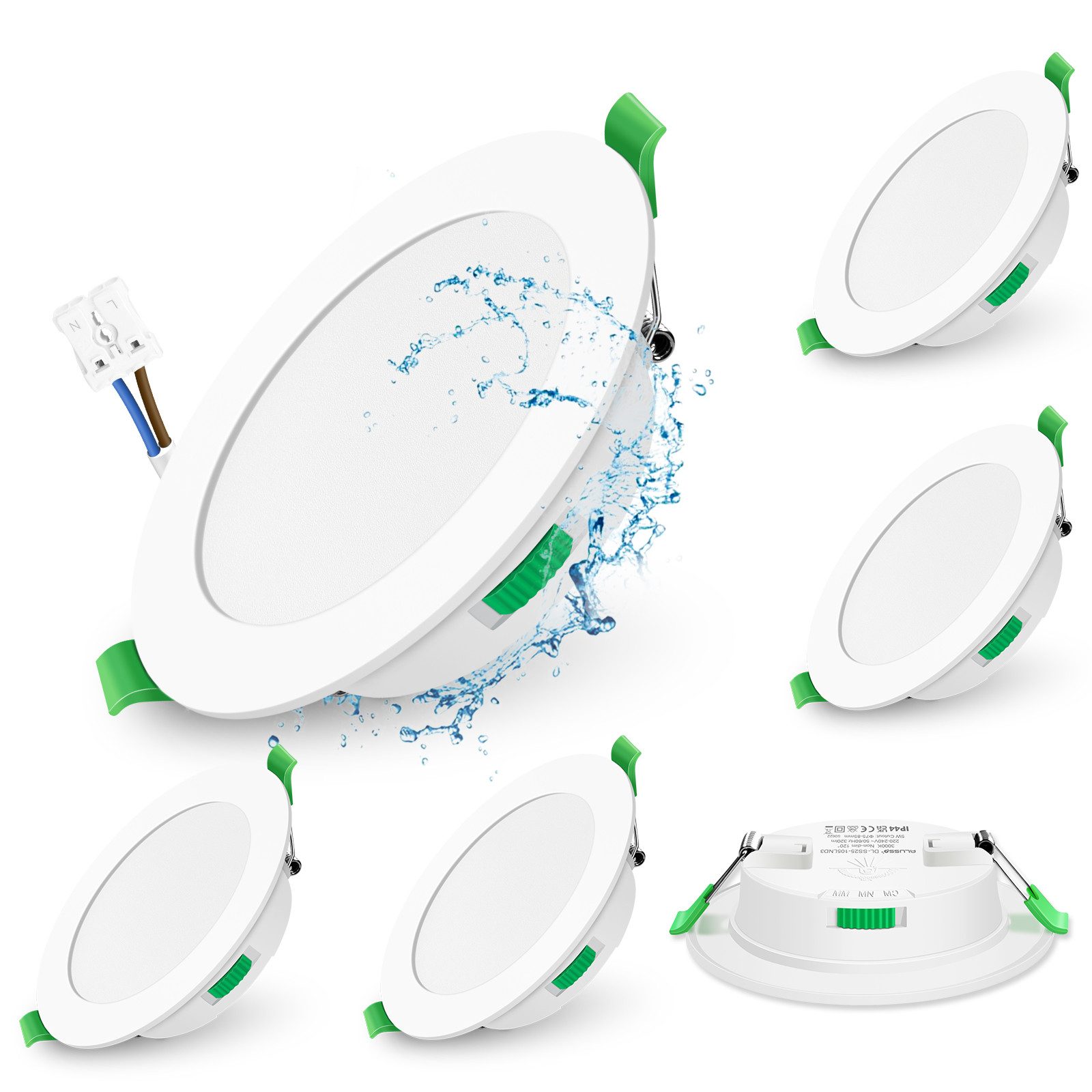 ALUSSO LED Einbaustrahler 6er-Set, 230 V Flach, IP65 LED Spots für Bad, 5 W 72-85 mm, 400 lm dimmbar, Rund, weiß