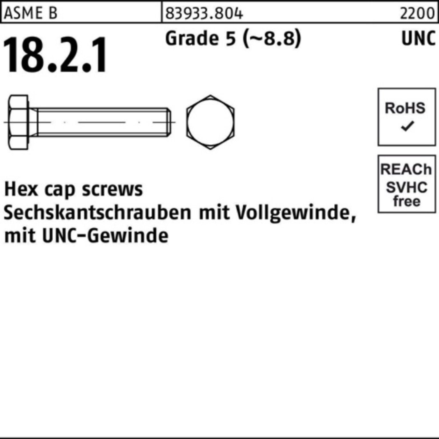 3/4 UNC-Gewinde Sechskantschraube 5 Grade 83933 Pack R 1/2x 1 Sechskantschraube 100er VG Reyher