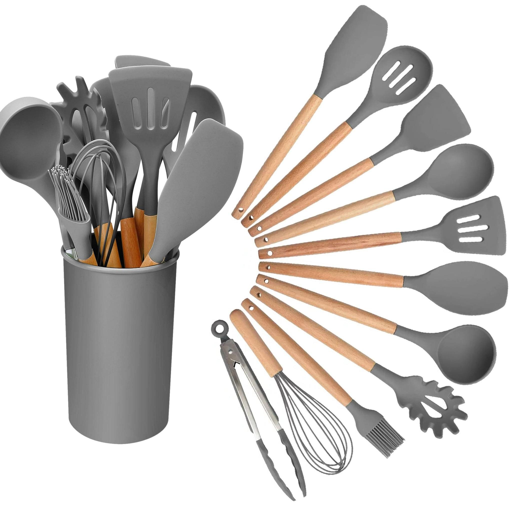 Realb2b Kochbesteck-Set Küchenutensilien Set 12 tlg Silikon Holzgriff Kochbesteck (Mehrteiliges Küchenutensilien Set 12 tlg Silikon Holz, 12-tlg., 12 tlg Küchenutensilien Set mit Silikon und Holzgriffen), Küchenutensilien Set 12 tlg mit Silikonaufsätzen Holzgriff