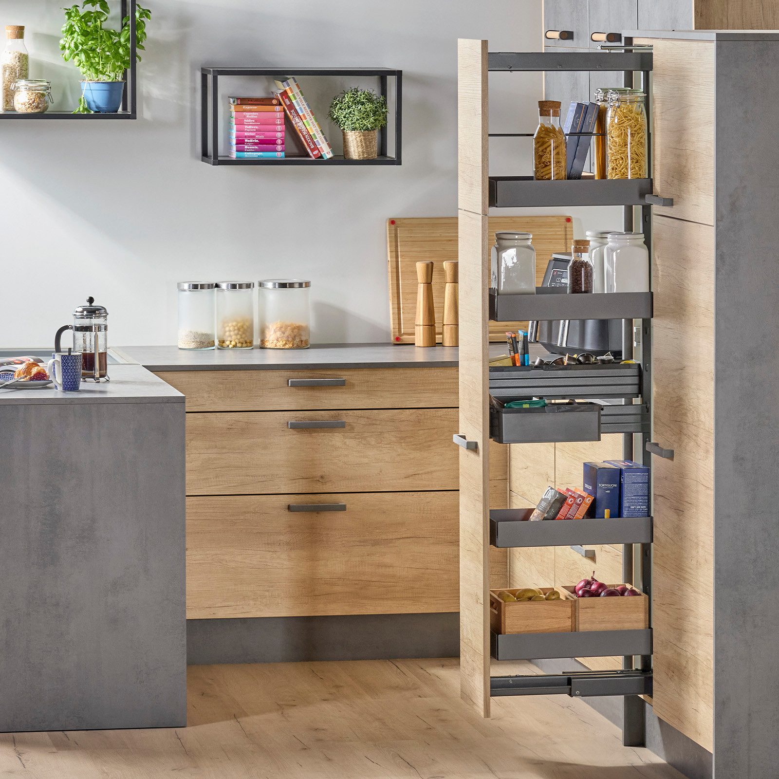 SO-TECH® Auszug Dispensa-X Apothekerauszug ANTHRAZIT, Tragkraft bis 100 kg (1 St), Set 120-160cm, 4 Einhängetablare, für Schrankbreite 300mm