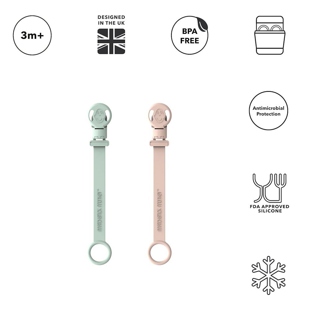 2 Schnullerbefestigung Matchstick & Silikon rosa Monkey Stück Monkey Schnullerkette mint Matchstick