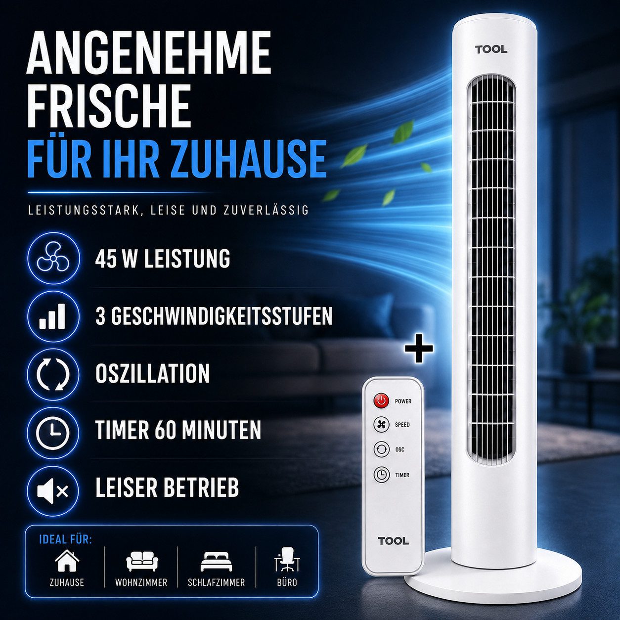 Ertex Turmventilator Standventilator Turmventilator Ventilator 81 cm / 45W Timer+Fernbed.