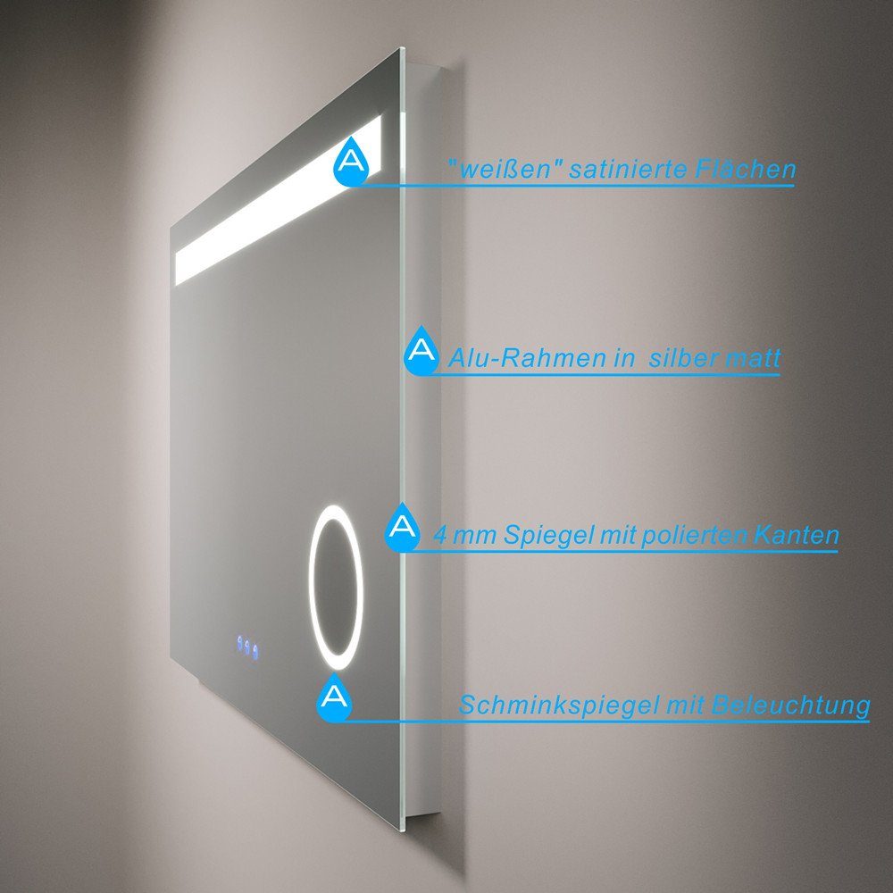 Badspiegel mit LED Beleuchtung, Kaltweiß&Warmweiß Antibeschlage AQUALAVOS Badspiegel 6400K Kosmetikspiegel 3000K Touch-Schalter Beleuchtung Dimmbar Lichtspiegel,