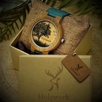 Holzwerk Quarzuhr ETTINGEN Damen & Herren Holz Armband Uhr, Baum Motiv, braun, blau