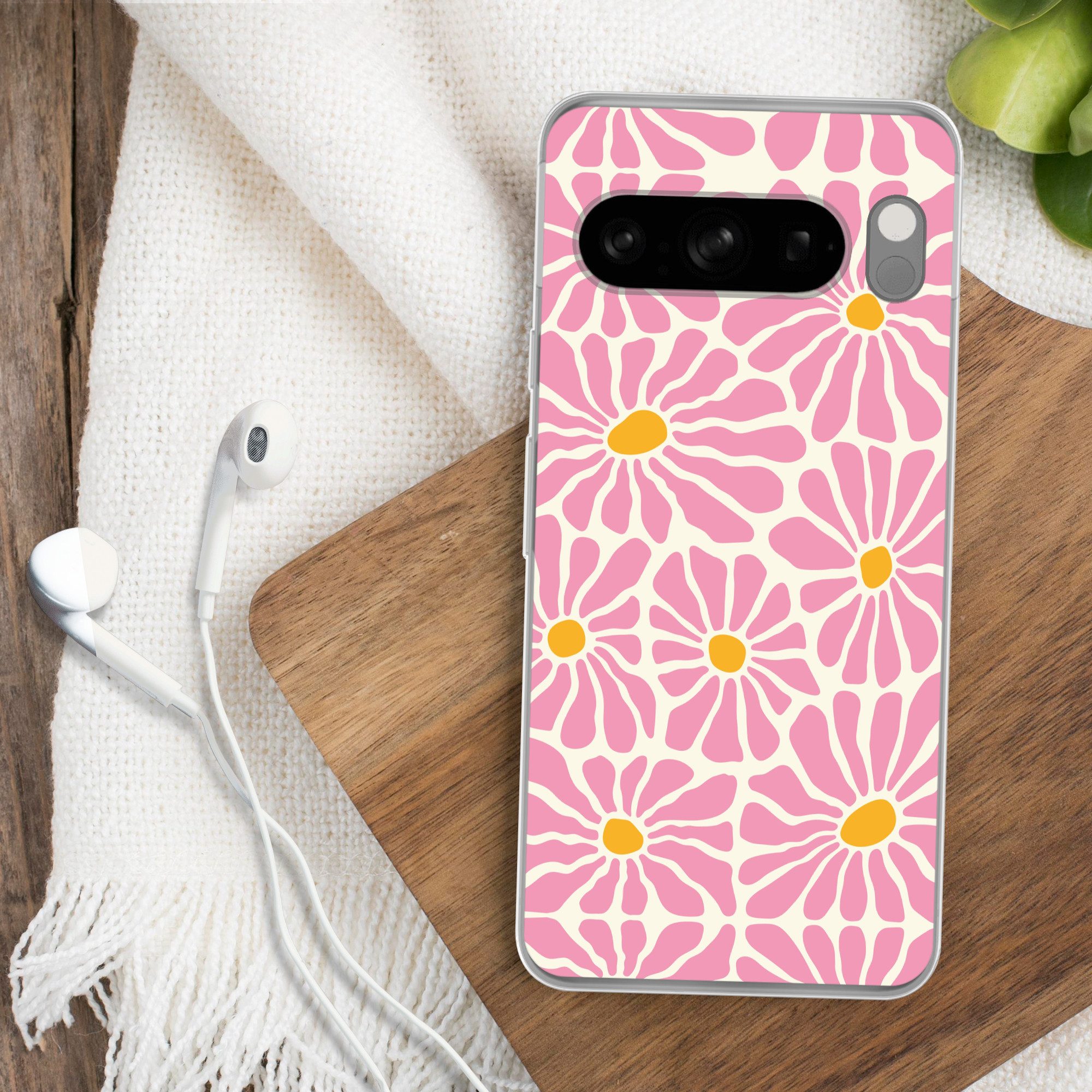 MuchoWow Handyhülle für Google Pixel 8 Pro Blumen - Muster - Rosa - Beige - Orange, Phone Case, Silikon, Schutzhülle Dünn