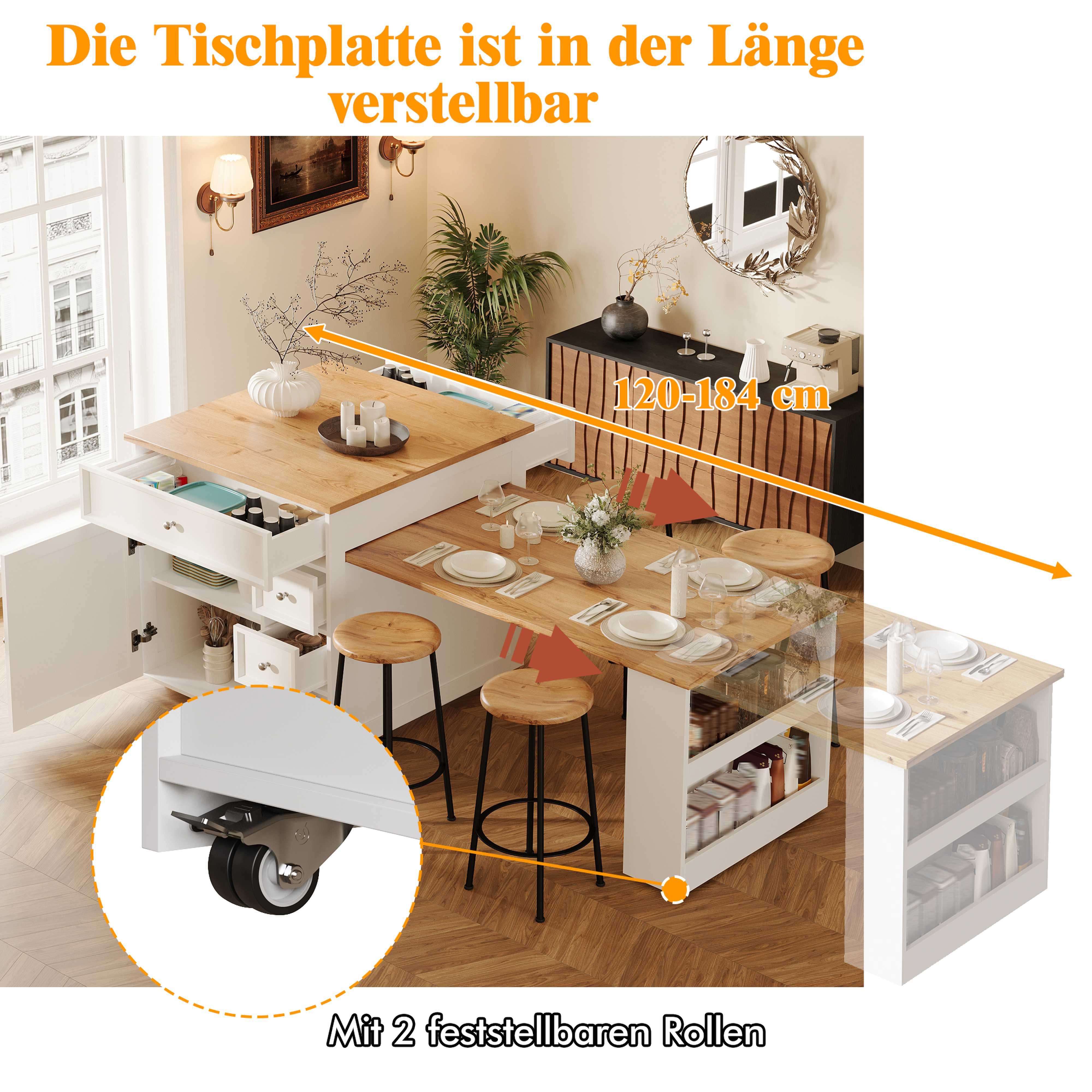 BlingBin Küchentisch Ausziehbare Kücheninsel 120–184 cm mit Schubladen und Rollen Stauraum (3 Packung, 1-St., Moderne Vielseitige Thekeninsel Holzoptik-Tischplatte mit 5 Schubladen), Platzsparender für Küche, Esszimmer & Bartresen,Ohne Barhocker