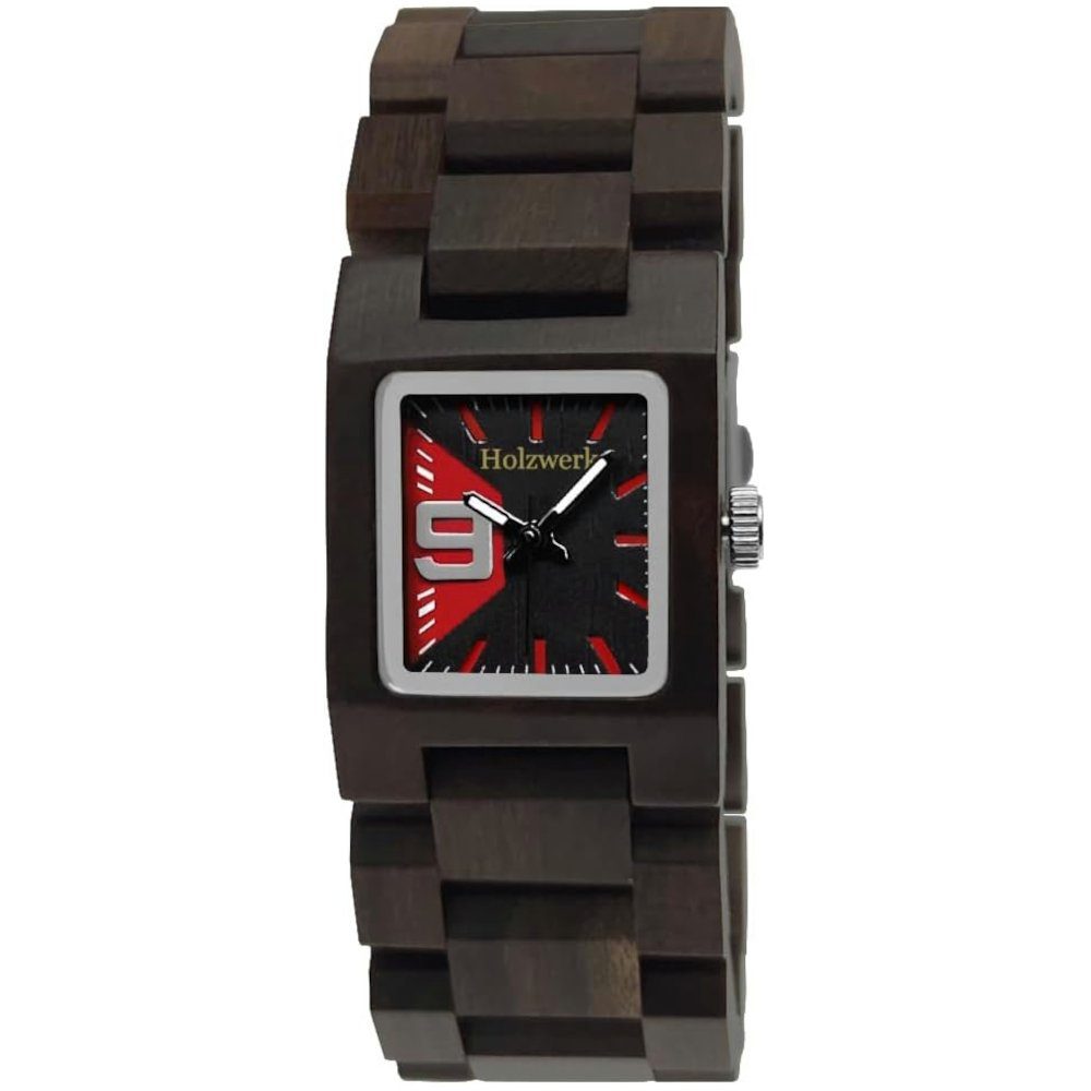 Holzwerk Quarzuhr ELDINGEN Damen Holz Uhr, Eckiges Design, braun, schwarz & rot