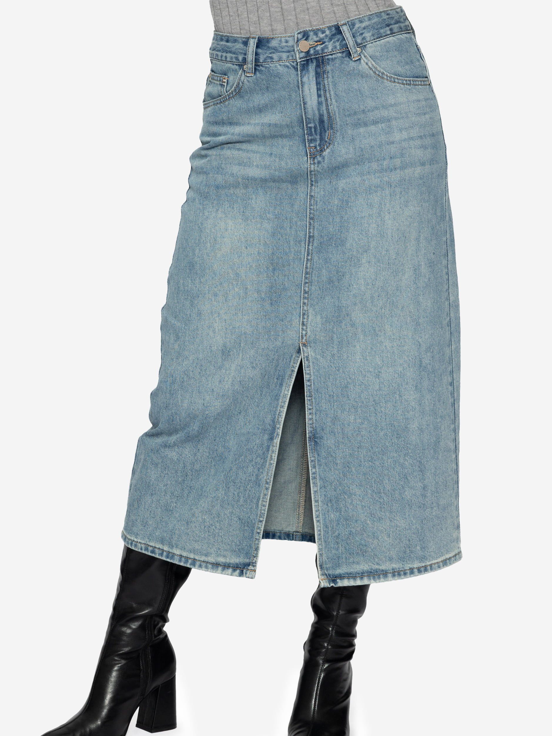 SASSYCLASSY A-Linien-Rock Midi Jeans Rock mit Schlitz für Damen Sommerlicher Jeansrock mit hoher Taille aus Baumwolle Blau
