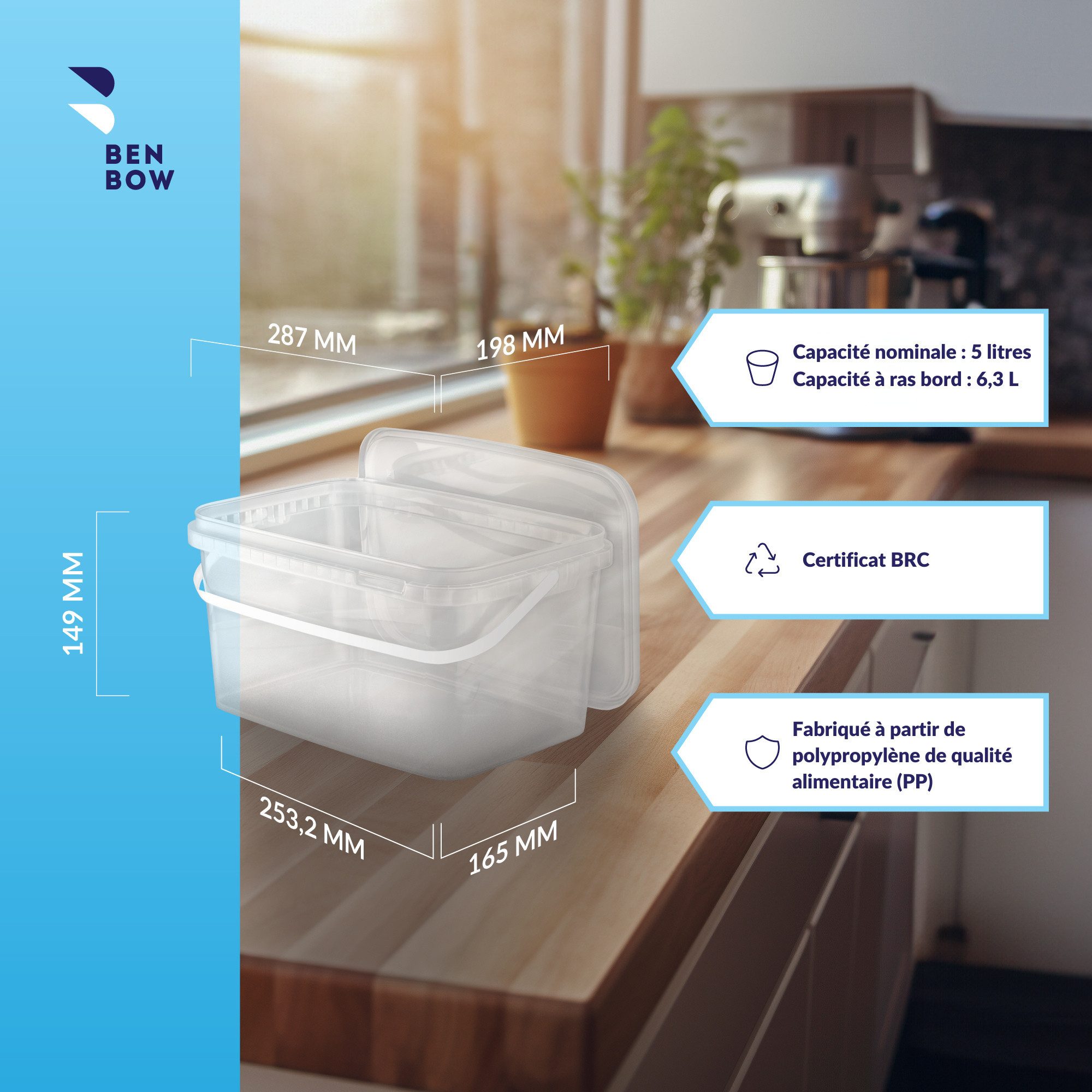 BENBOW Aufbewahrungssystem Rechteckiger Eimer mit Deckel 5l transparent - lebensmittelecht - leer, Polypropylen - Lebensmittelecht, Geschmacksneutral, Auslaufsicher, (1-tlg., PZH-, BRC- und DIN-ISO-zertifiziert), für Lebensmittel, Farben, Chemikalien