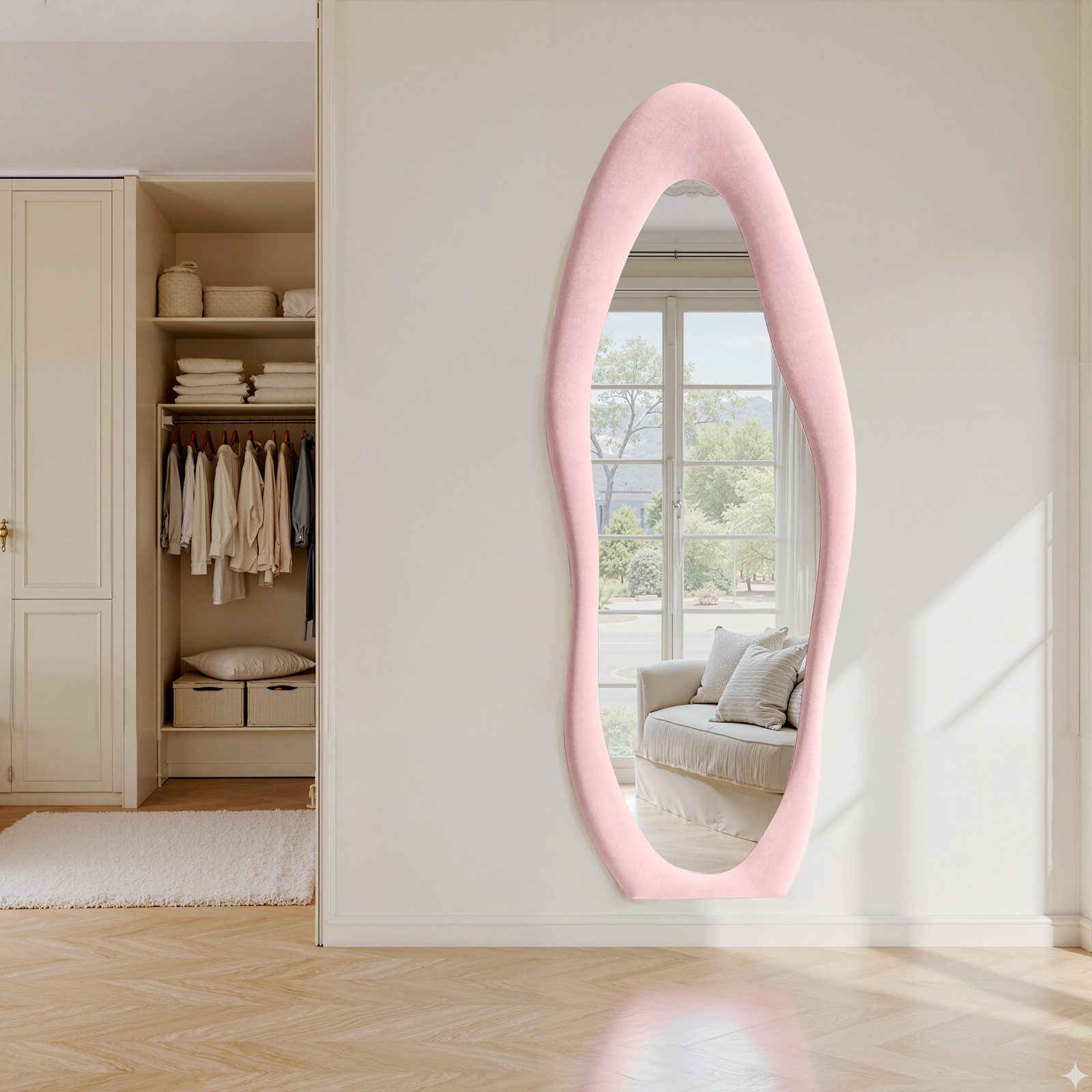 LUNAMIRROR Ganzkörperspiegel in organische Form, mit Samtbezug und Holzrahmen (1-St), stehend & hängend, 160x60 cm