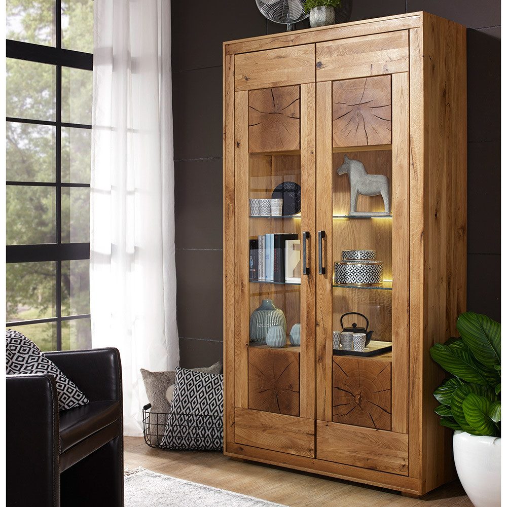 Lomadox Vitrine WINNIPEG-69 Vitrinenschrank, Eiche massiv geölt, Hirnholz-Details, mit Beleuchtung