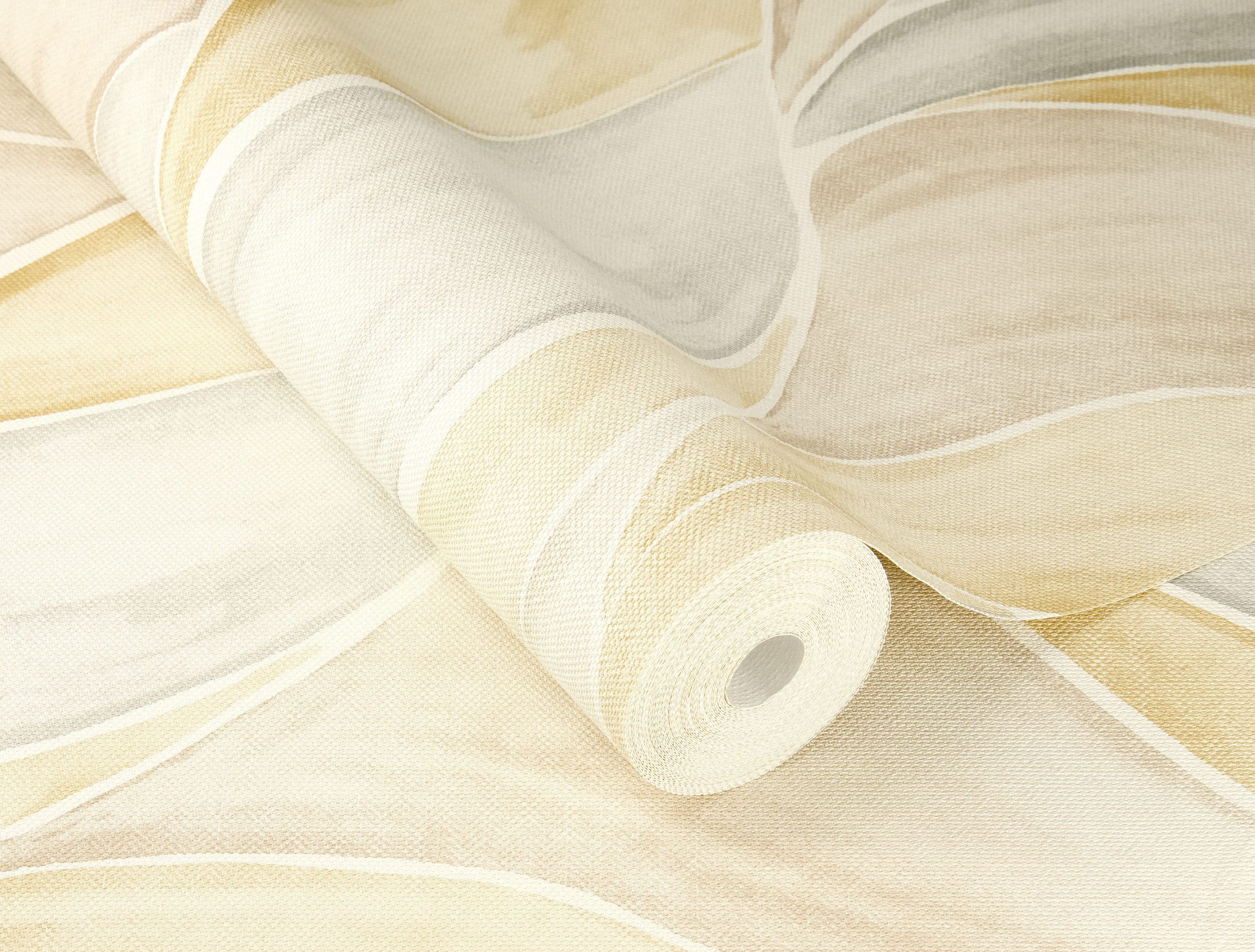 Rasch Vliestapete mit geschwungenen Blättern in Gelb und Beige - Liverna 416503, strukturiert, natürlich, matt, gemustert, botanisch, (1 Rolle, 1 St), Blätter