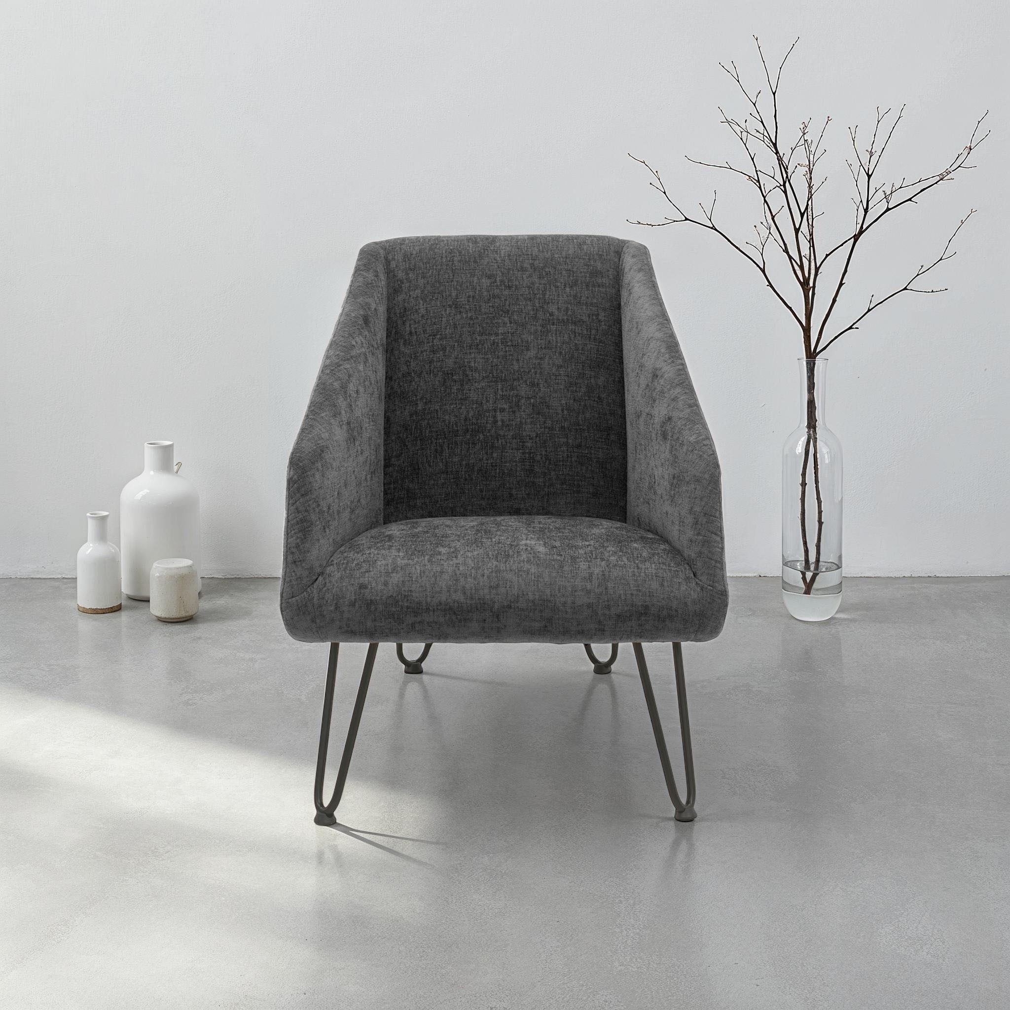 DOMO collection Sessel Delft Loungesessel, Hairpin Legs, Retro, Metallbeine schwarz, Chenille-Optik, dunkelgrau