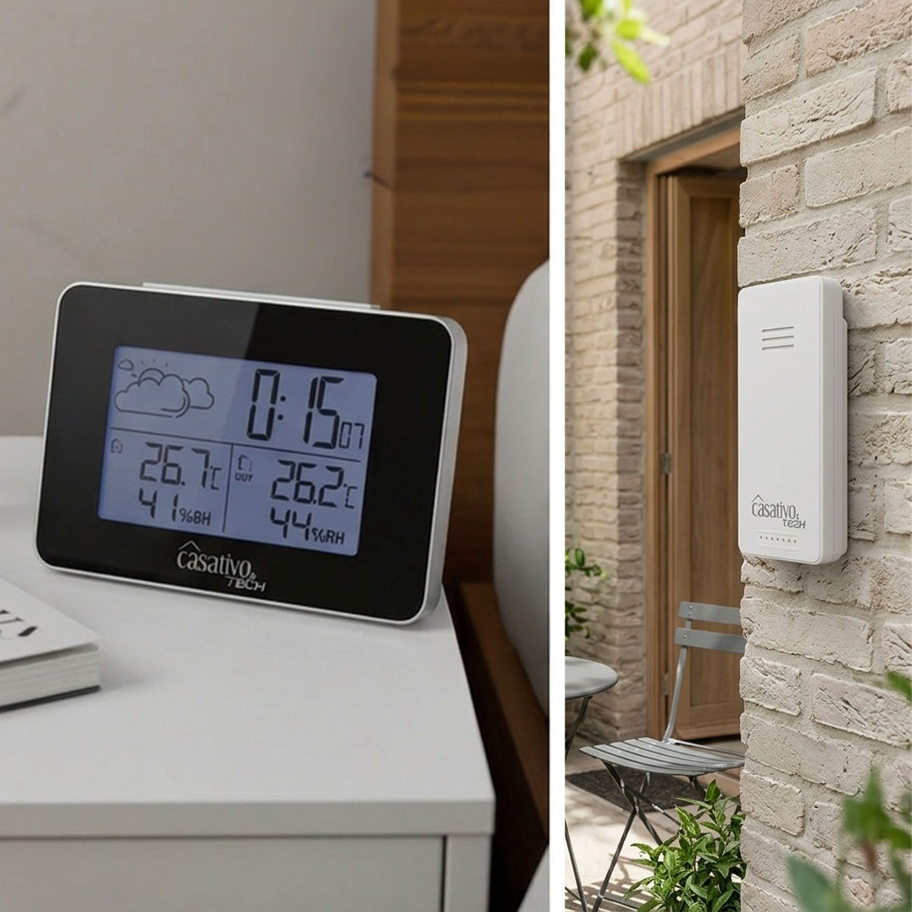 Casativo Wetterstation Funk mit Außensensor 60m kabellos Thermometer&Hygrometer Funkwetterstation (Wettervorhersage mit Symbolen & Eis-Warner/12-/24-h-Anzeige)