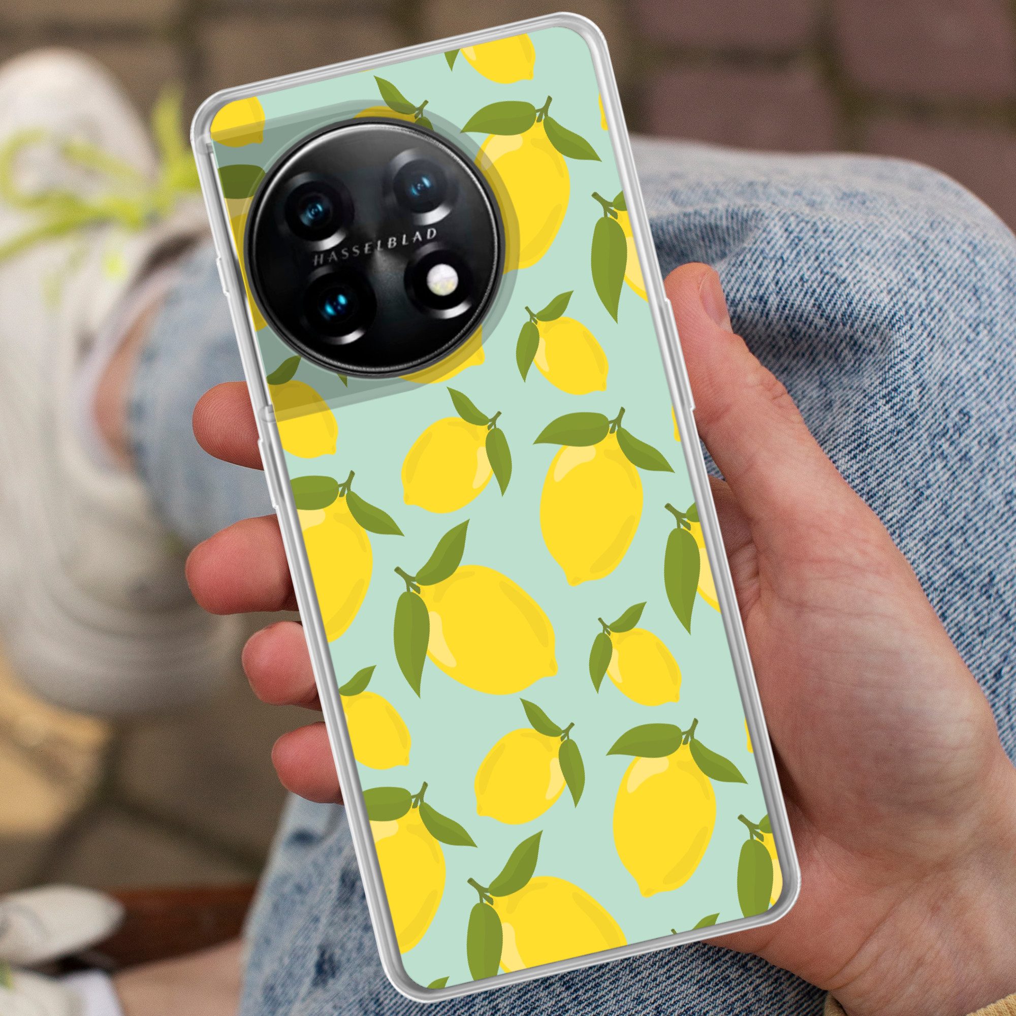 MuchoWow Handyhülle für OnePlus 11 Muster Zitronen - Gelb - Blau - Muster - Früchte, Handy Case, Silikon, Bumper Case Dünn