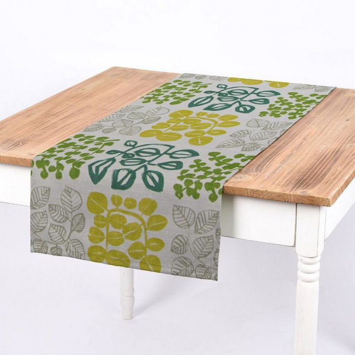 SCHÖNER LEBEN. Tischläufer SCHÖNER LEBEN. Tischläufer creme mit Blätter in grün Tönen 40x160cm handmade