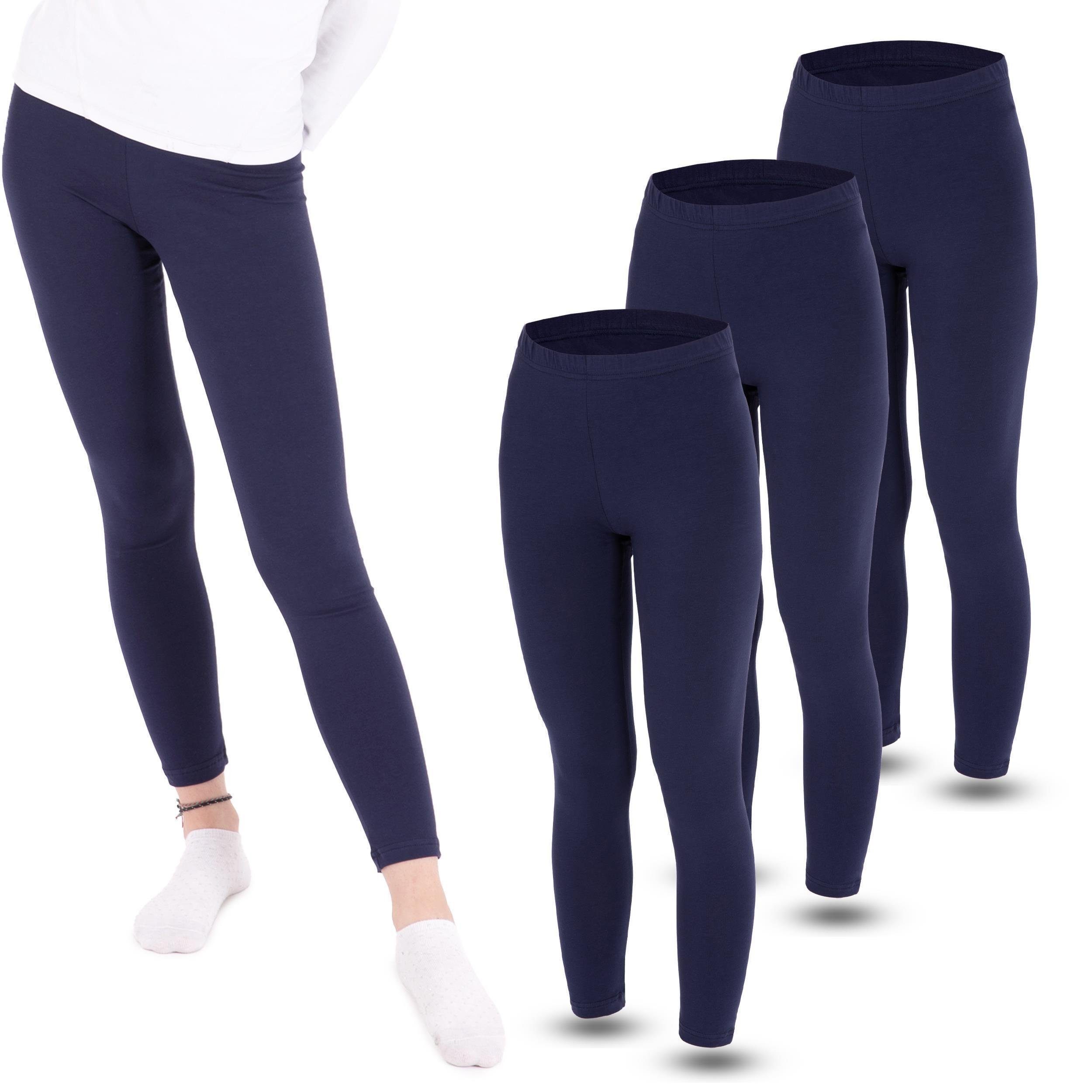 LOREZA Leggings 3 Mädchen Leggings Set lang Baumwolle blickdicht Freizeithose elastisc (3-tlg) elastischer Bund Dunkelblau