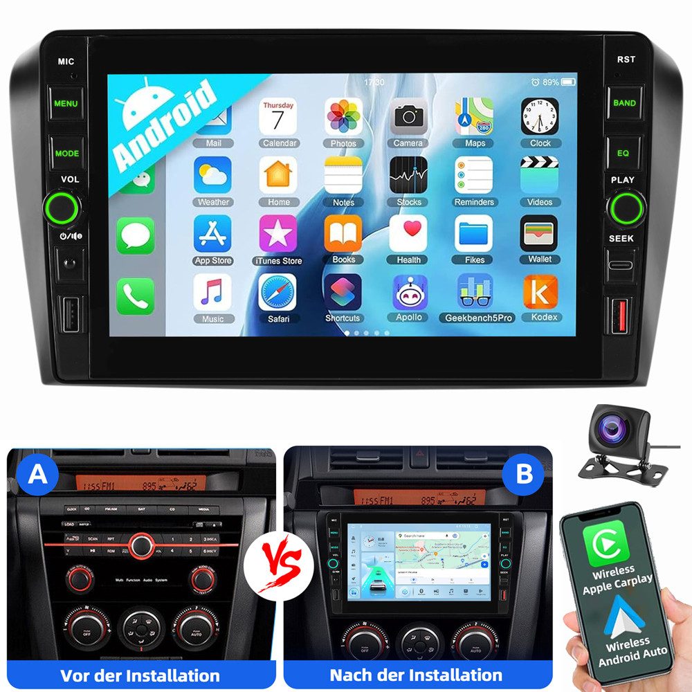 MOPECT 8" Für MAZDA 3 BK 2003-2009 Android 15 NAVI Bluetooth Carplay Autoradio (Digitalradio (DAB), RDS, FM, AM)